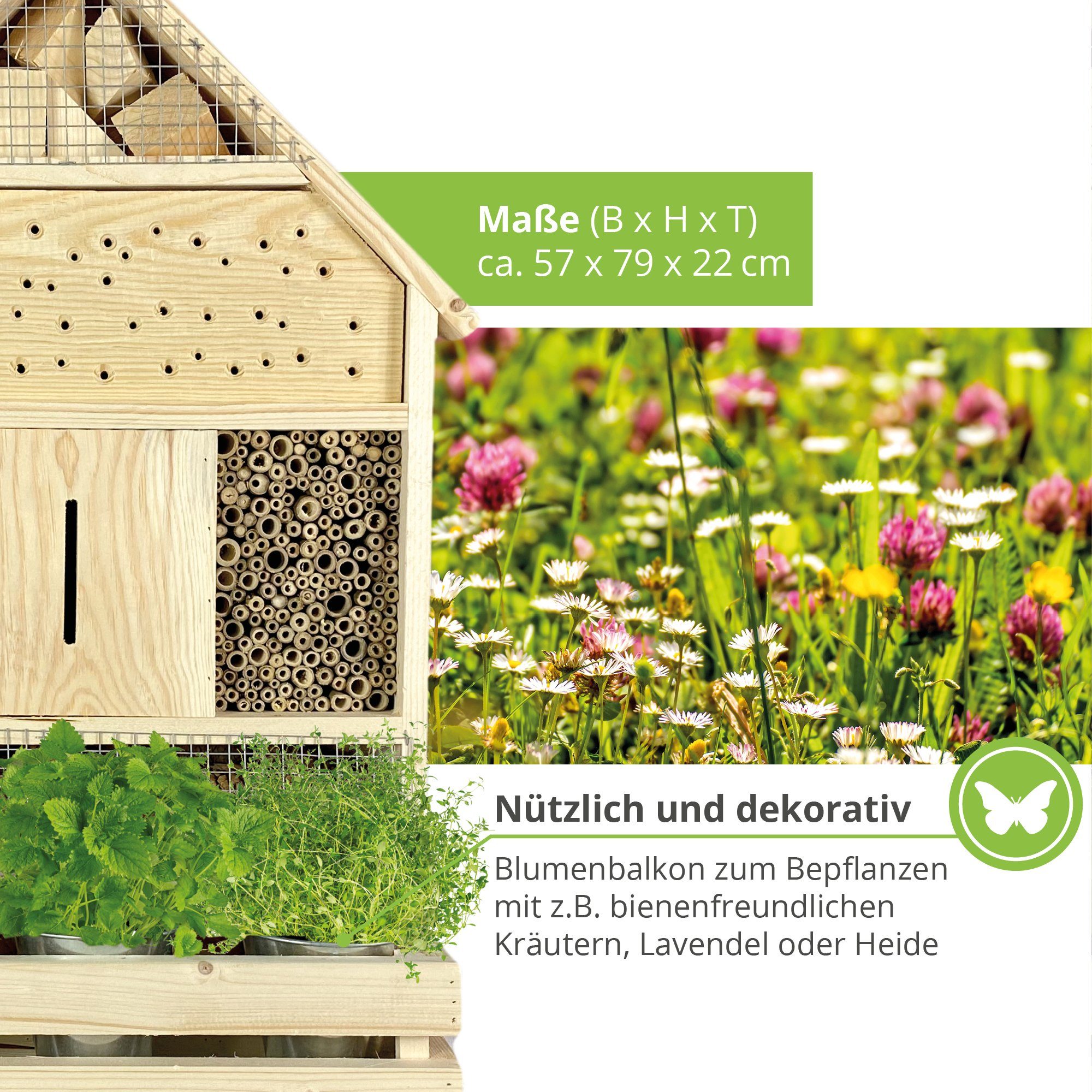 gartenetage Insektenhotel zum Aufhängen XXL mit Pflanzenbalkon, Naturbelassenes Insektenhaus & Bienenhotel/ Insektenhotel Groß