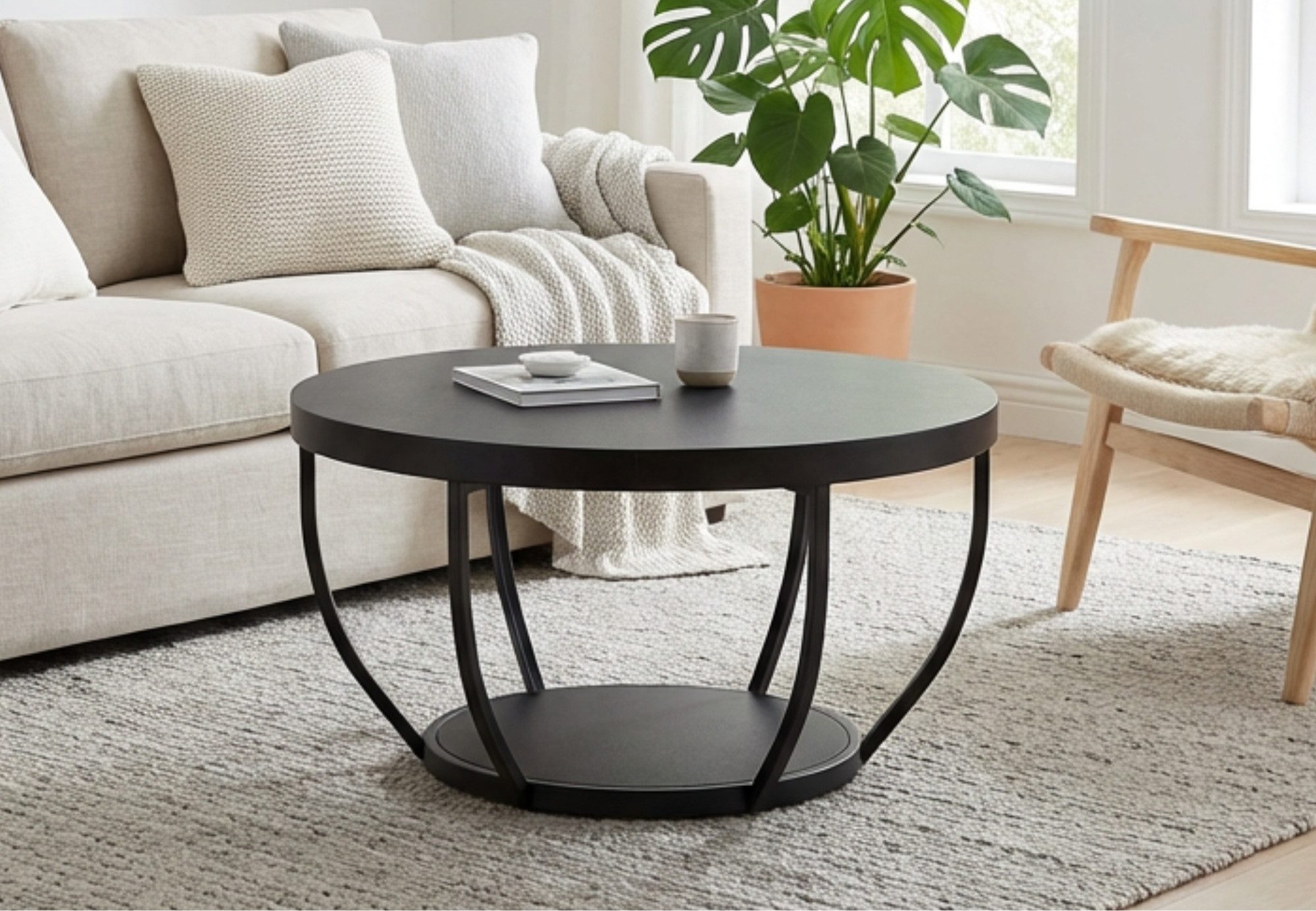 Home Collective Couchtisch Beistelltisch rund Ø 80 cm moderner Wohnzimmertisch mit 2 Ablagen (ideal als Büro Ablagetisch oder als Wohnzimmer Deko), hochwertiges Design mit Metallgestell, stabile Tischplatte, schwarz