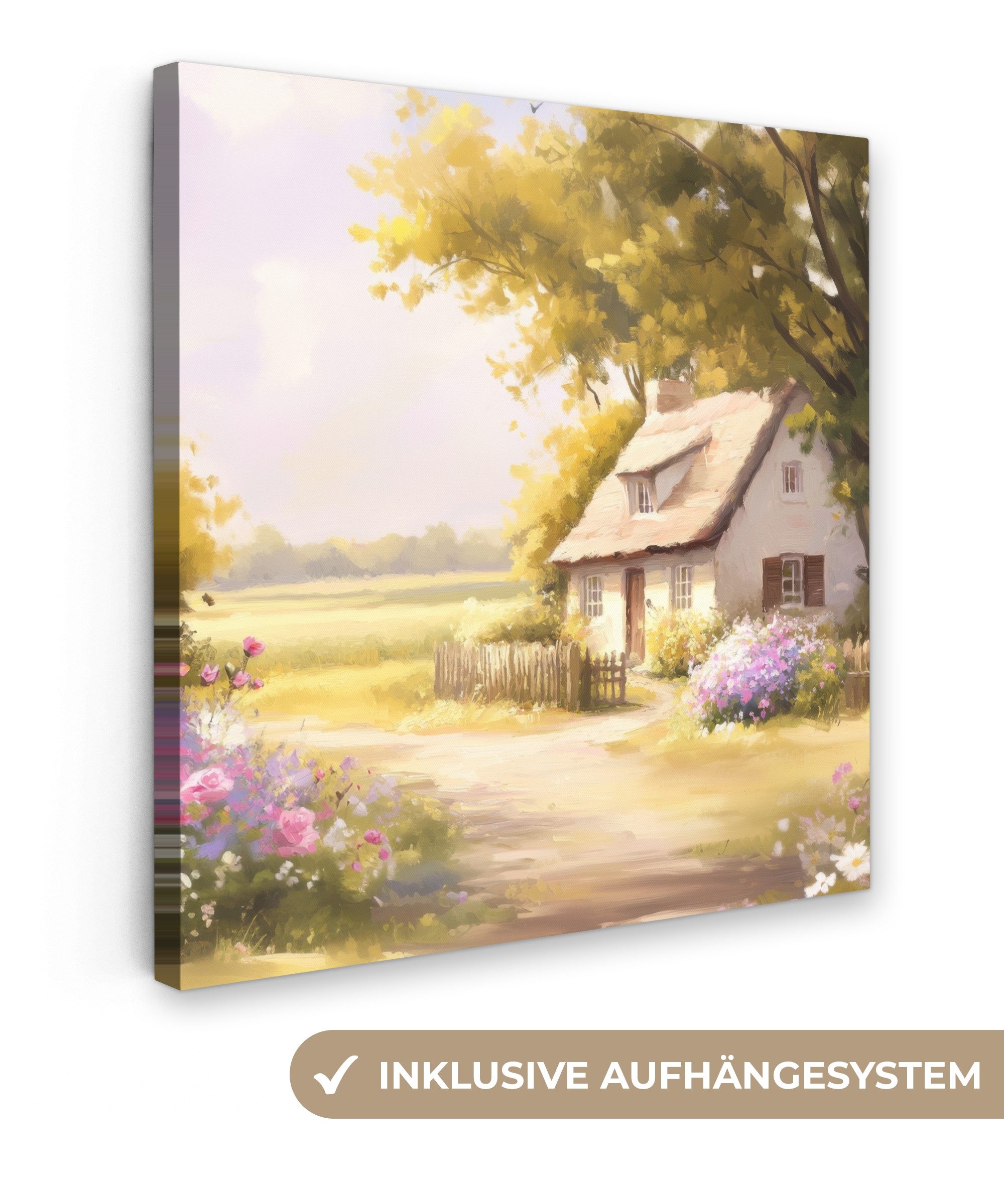 OneMillionCanvasses® Leinwandbild Landhaus - Holz - Blumen, Fotodruck (1 St), Wandbild, Deko Schlafzimmer Wohnzimmer Flur 20x20 cm