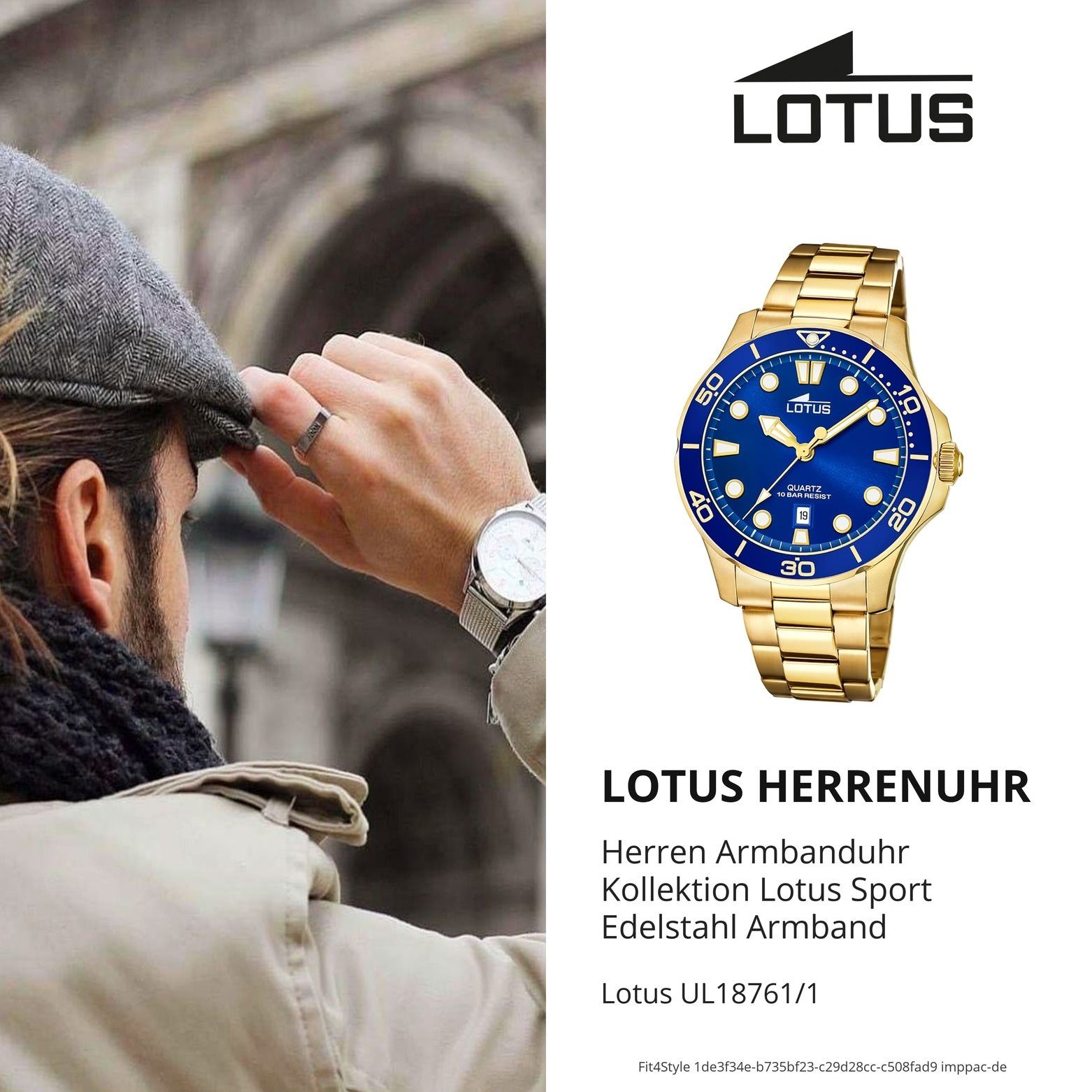 Edelstahlarmband Lotus Quarzuhr Sport Lotus Armbanduhr (ca. rund, Herrenuhr groß 45mm) Herren gold 18761/1,
