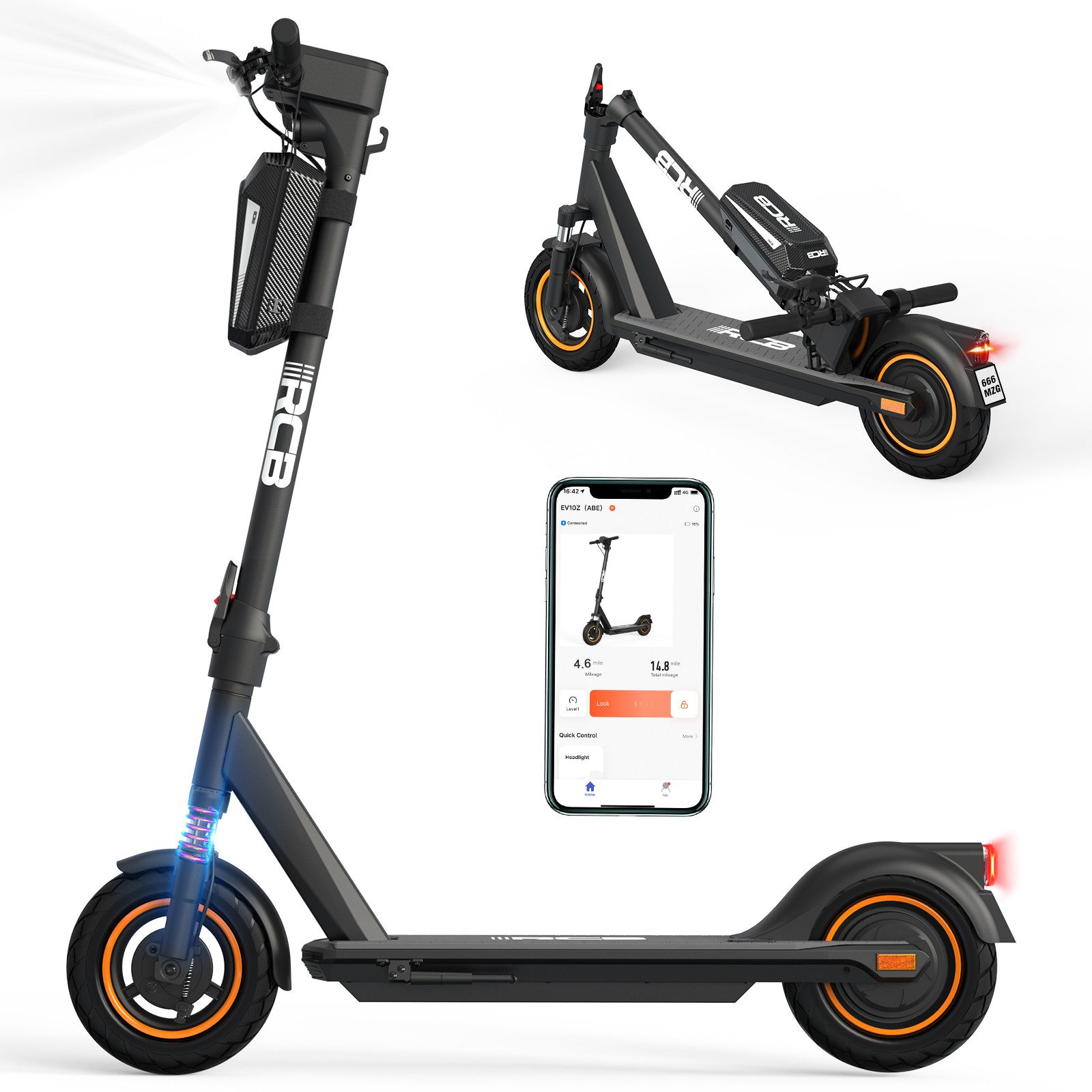 RCB TECH E-Scooter EV10Z mit Straßenzulassung (ABE), faltbar, bequeme Stoßdämpfung, APP, 350 W, 20,00 km/h, (1 tlg), Reichweite 35-40 km, mit Straßenzulassung, APP