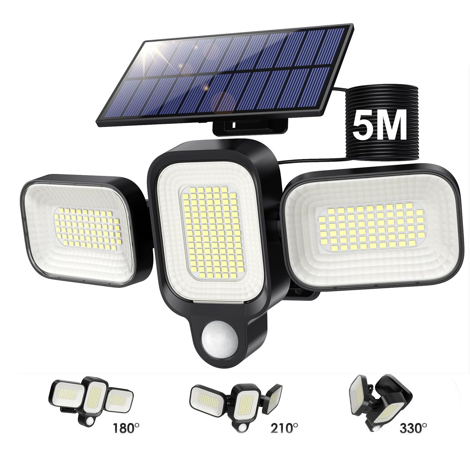 Jibenhome LED Solarleuchte 225 LED-Solarleuchten,IP65 Solar-Wandleuchte,3 Kopf & 3 Modi, Bewegungserkennung mit 5M Verlängerungskabel, Wasserdicht für Inner/Außen Garten, Garage