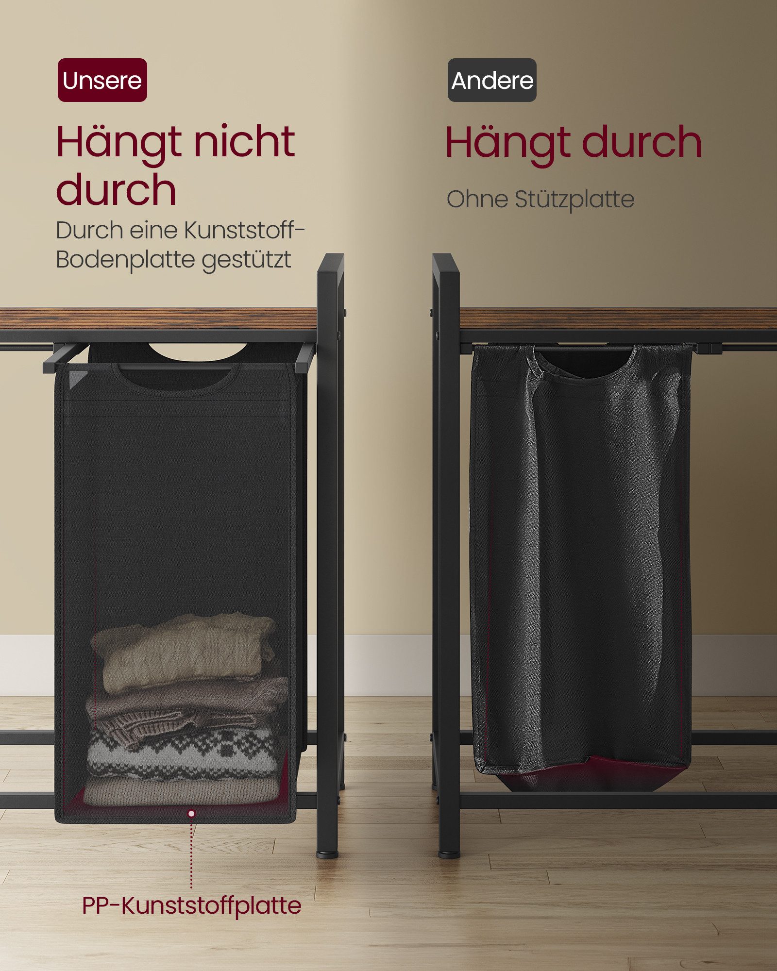 VASAGLE Wäschekorb 2 Wäschesäcke aus Oxford-Gewebe, abnehmbar, 2 Wäschesäcke aus Oxford-Gewebe, abnehmbar, 2 x 46 L – Bild 5 von 5