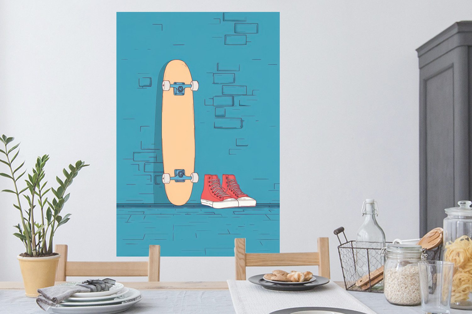 MuchoWow Wandsticker Skateboard - Gymnastikschuhe - Rot - Minimalistisch (1 St), Wanddeko, Aufkleber, Wandtattoo, 80x120 cm