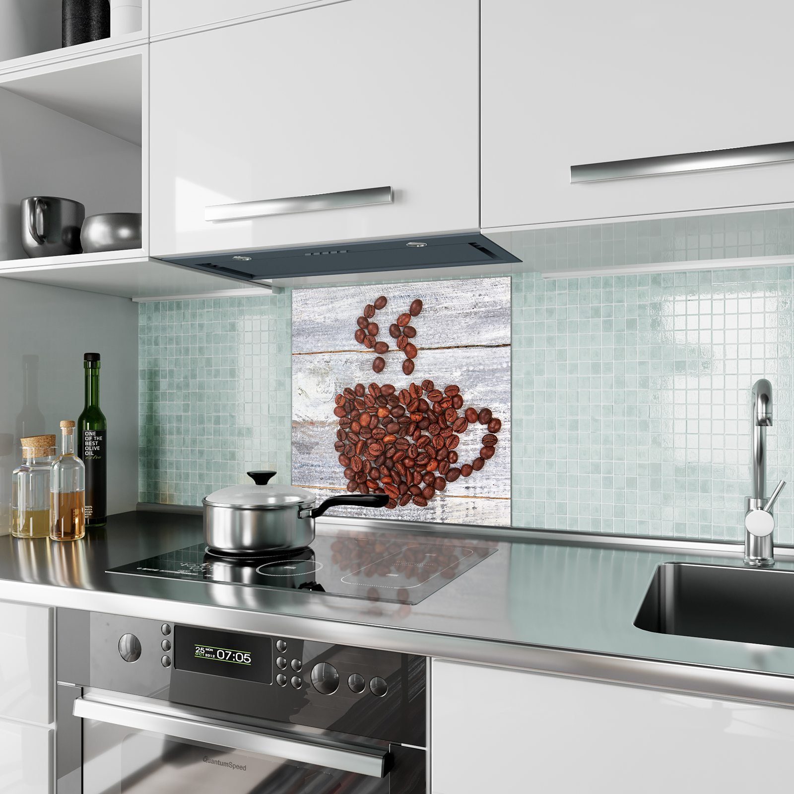 Motiv Küchenrückwand Primedeco Tasse Glas mit aus Kaffeebohnen Küchenrückwand Spritzschutz