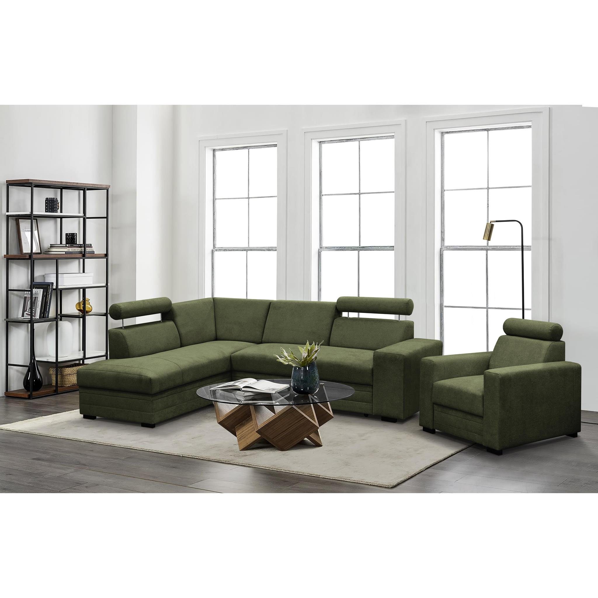 Beautysofa Ecksofa Roma, 75) 250 (vardo Kopfstützen Grün cm L-Form Schlaffunktion, Bettkasten, Polsterecke, breite verstellbare