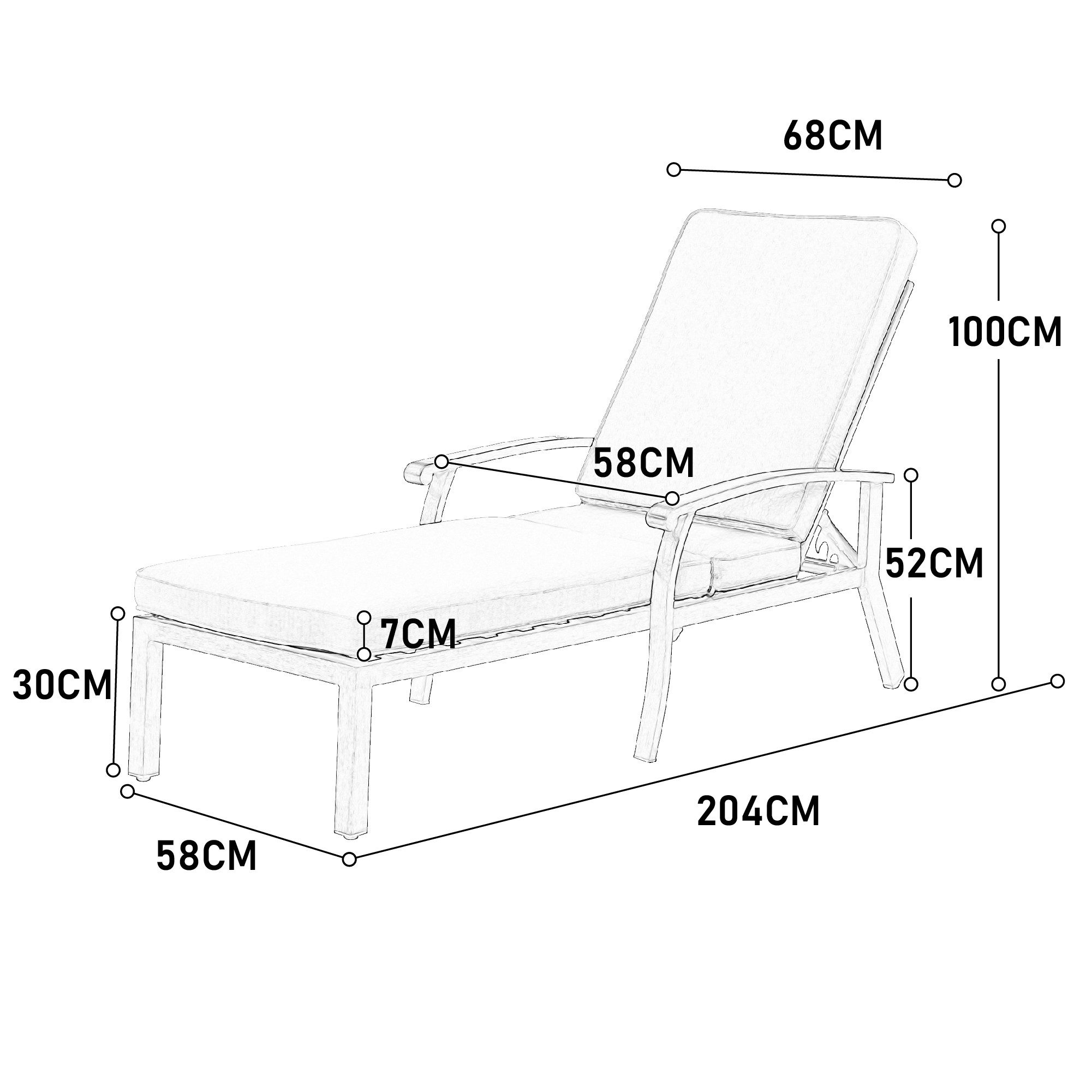 CHICFURN Gartenliege Sonnenliege 204x58 cm, Lounge Patio Stuhl mit Baumwolle Kissen, Packung, 1 St., 5-fach verstellbar, liegendes rostfestes Aluminium, Chaise Lounge Möbel, wasserdicht blaues Kissen (ohne Sitzkissen)