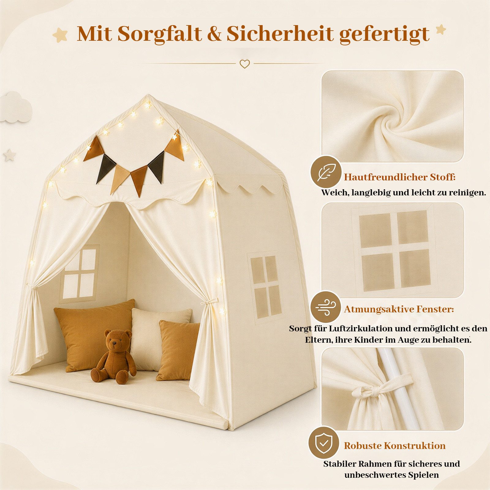 BlingBin Spielzelt Indoor Kinderspielhaus als Spiel- und Bettzelt mit Fenstern (1er Set, 1-tlg., 150 × 99 × 150 cm (L × B × H) bunten Flaggen inklusive Krabbelmatte als Dekor für jedes Kinderzimmer