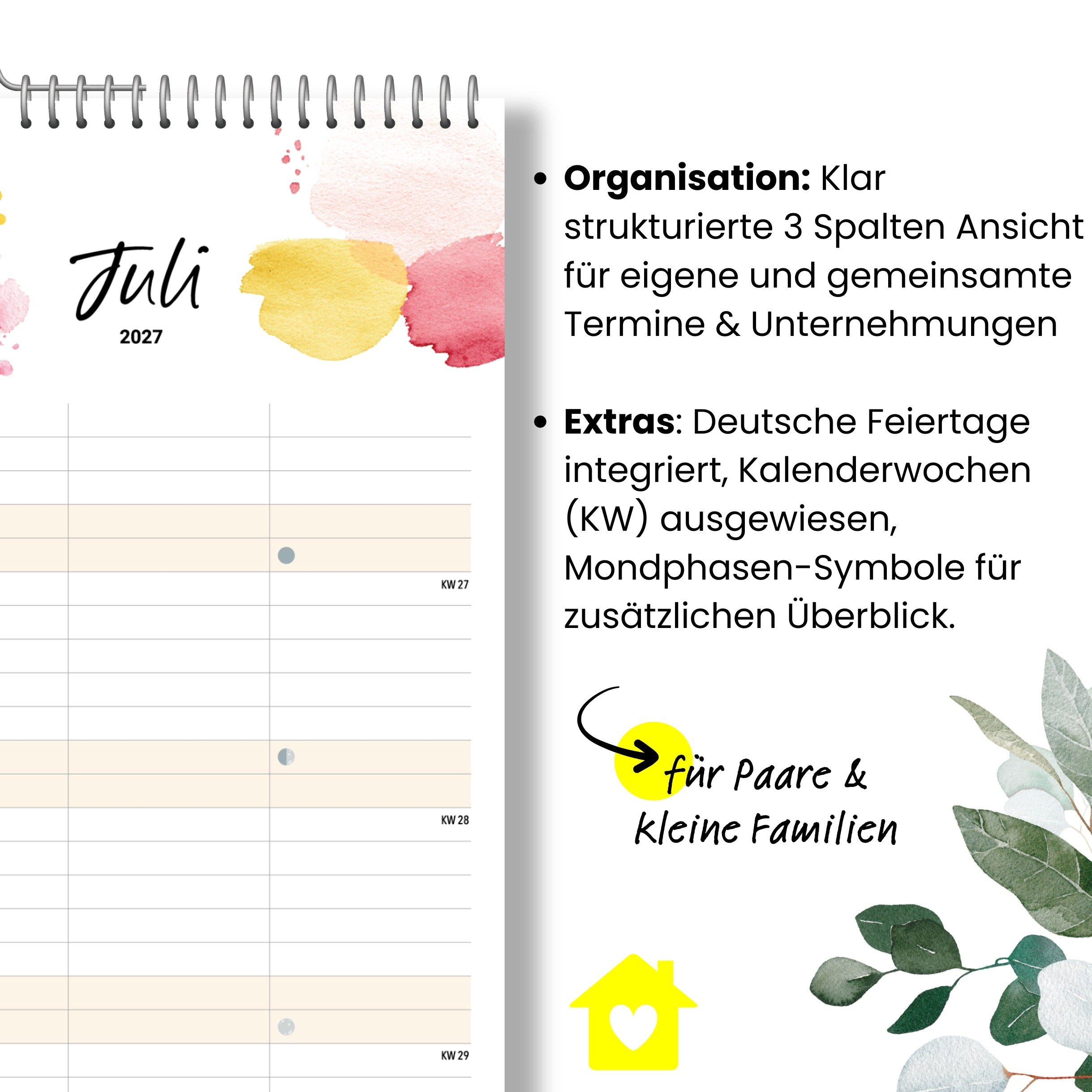 heaven+paper Partnerkalender Paarplaner Splash 3 Spalten 2027 künstlerisch, hochwertig, Hergestellt in Deutschland – Bild 5 von 5