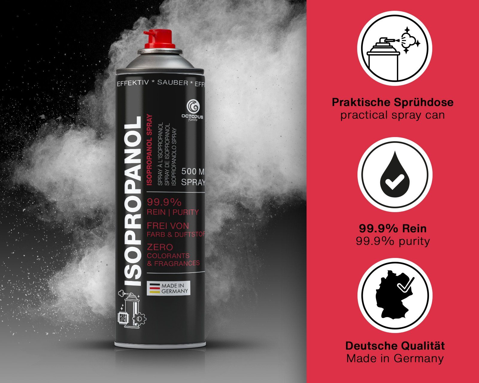 OCTOPUS Fluids 99,9% Isopropanol Spray, Reiniger und Fettlöser Nachfülltinte (12x 500 ml)