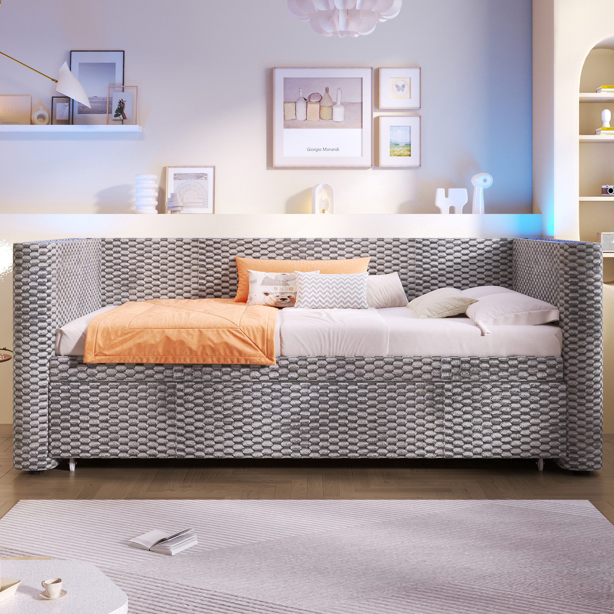 Merax Daybett 90×200cm/180x200cm mit LED-Lichtleiste & App-gesteuerter (Jugendbett Doppelbett Kinderbett, 1 tlg), Polsterbett Tagesbett Schlafsofa mit Ausziehbe – Bild 4 von 5
