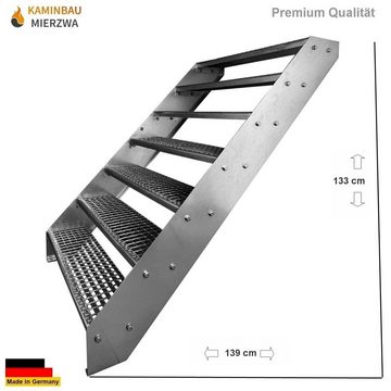 Kaminbau Mierzwa Außentreppe Premium Treppe Verzinkt mit und ohne Geländer, für Geschosshöhen bis 133.00 cm, Stufen Gitterroststufen nach DIN 24531, (Höhe 133 cm, Stufenbreite und Geländerart wählbar), Gartentreppe Stahltreppe Wetterfest Rostfrei Feuer-Verzinkt Rutschfest