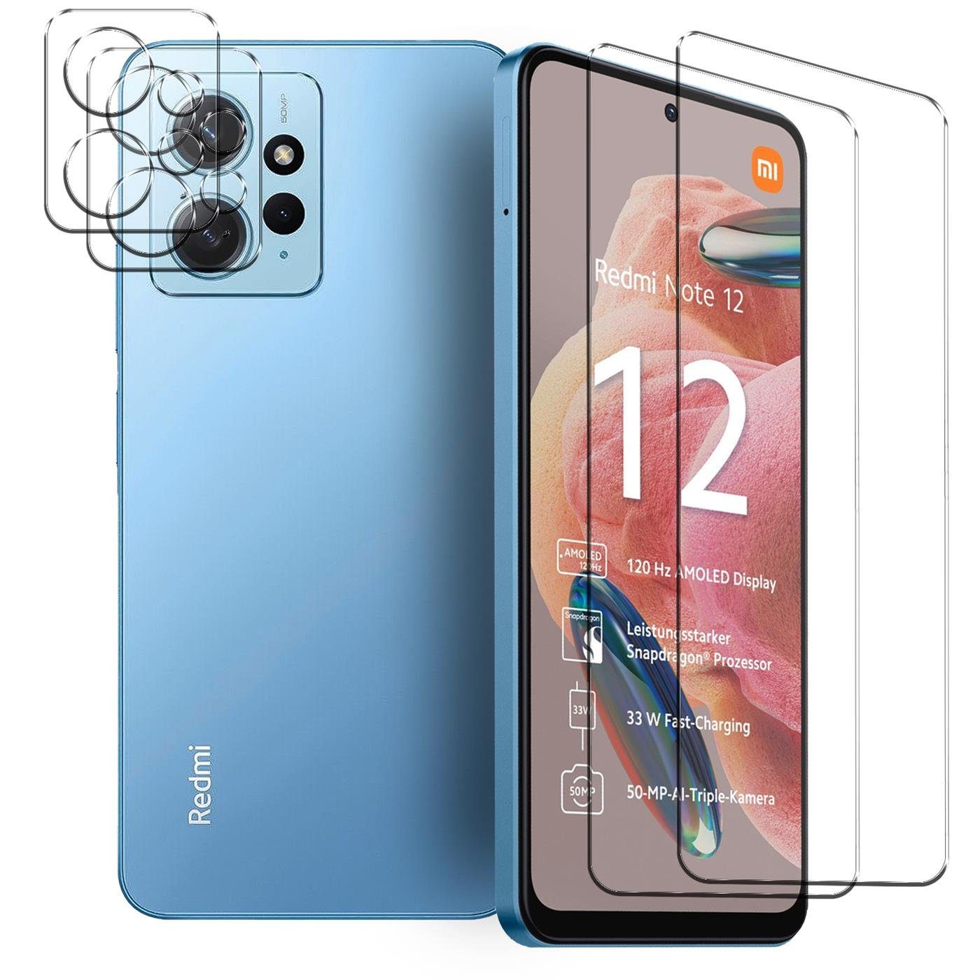 CoolGadget Schutzfolie Panzerfolie für Xiaomi Redmi Note 12 (4G), (Spar-Set 4in1, 2x Displayschutz, 2x Kameraschutz), Panzerglas Schutzfolie für Redmi Note 12 Folie