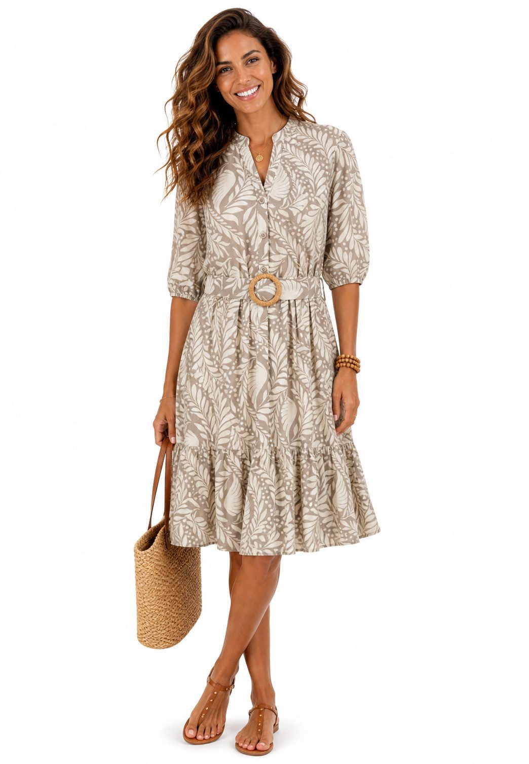 SUBLEVEL Sommerkleid Sommerkleid mit Print und Gürtel Freizeitkleid 3/4 Arm Kleid Volant