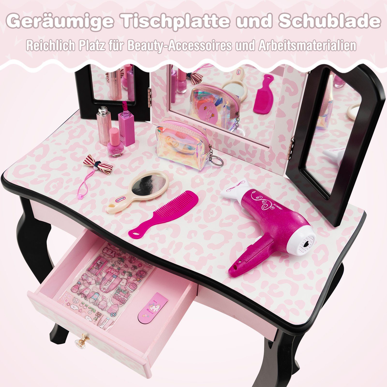 COSTWAY Schminktisch Schreibtisch, rosa mit Spiegel und Kinder & Schublade schwarz