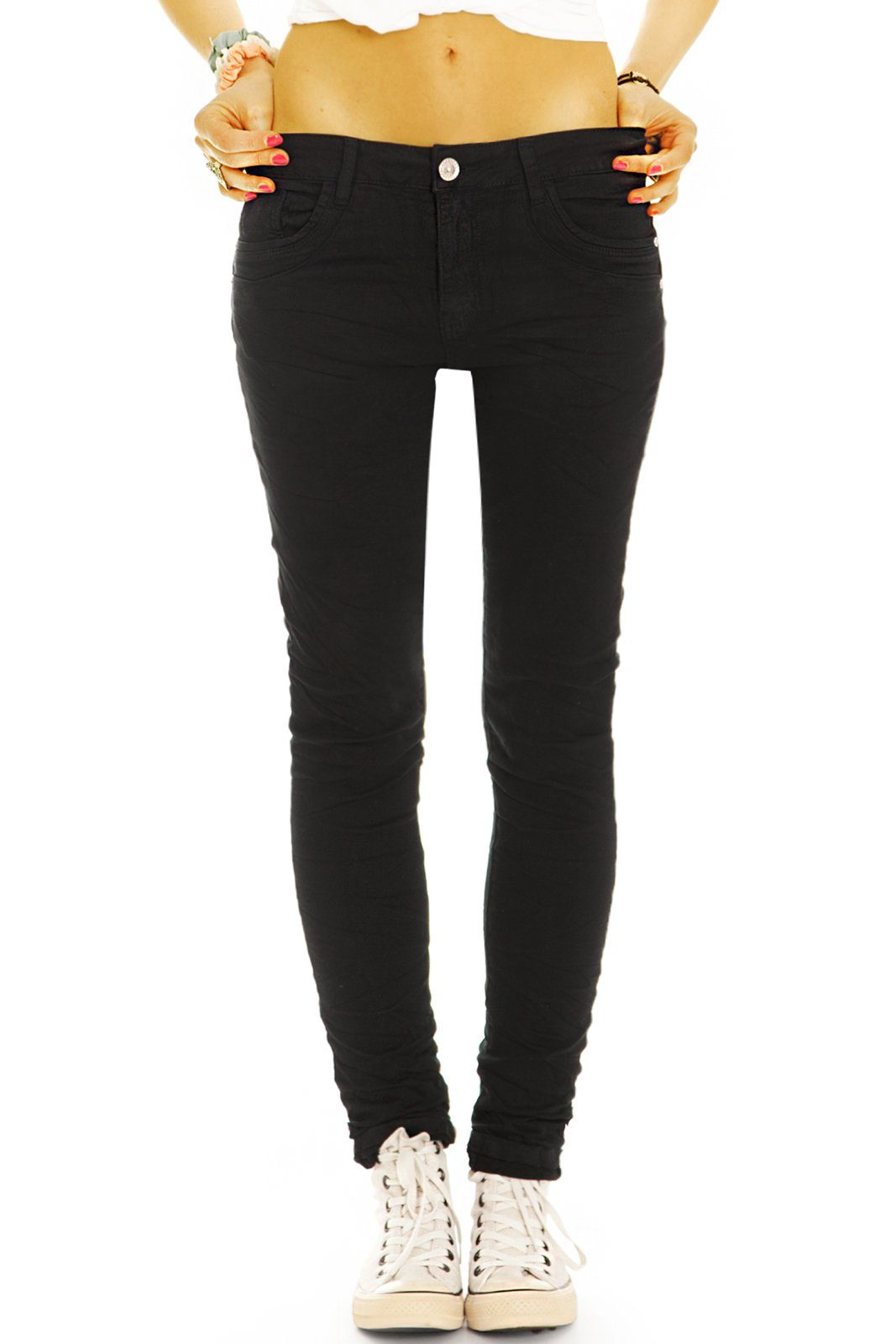 mit styled Stretch-Anteil, Damen Waist be j42p Slim hüftige Fit - Slim-fit-Jeans - Röhrenhose Low low schwarze waist Hose 5-Pocket-Style,