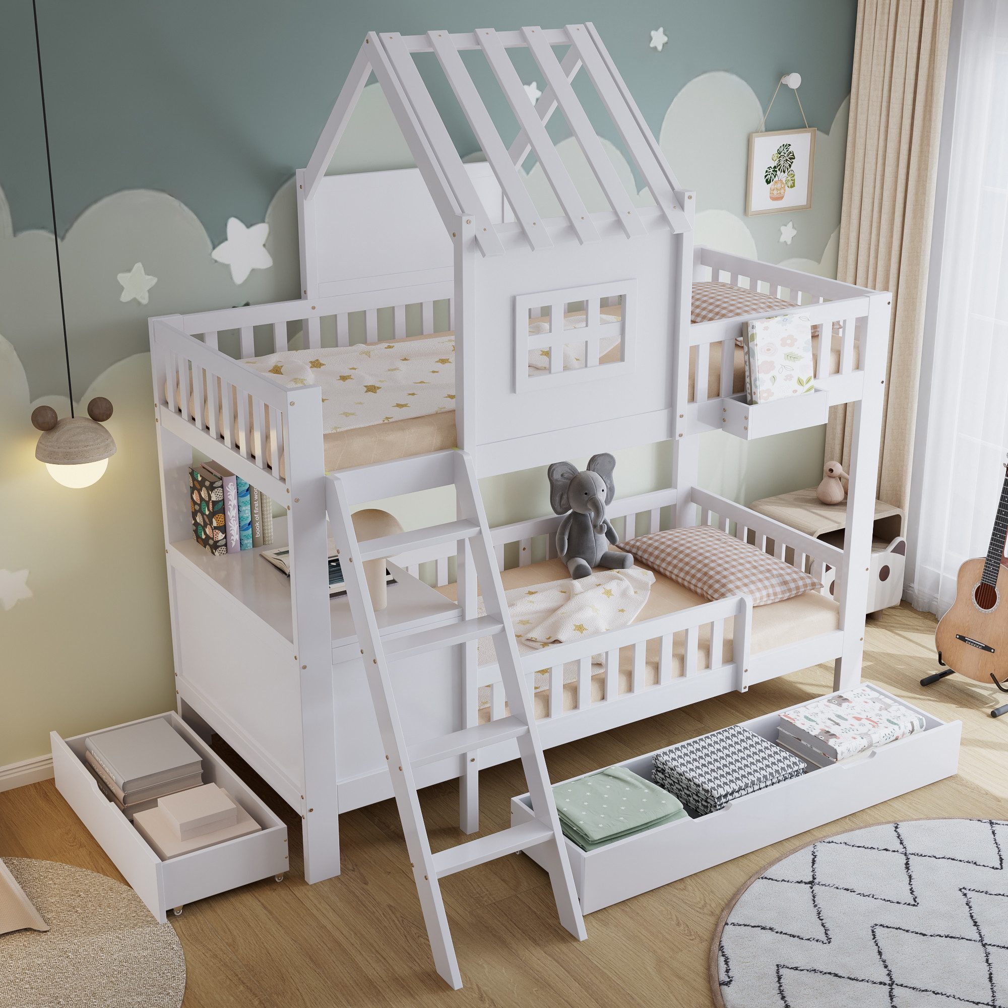 Kinderbett Etagenbett Hochbett Schubladen Dach Lesetisch Ablagekorb 90x200 Weiß