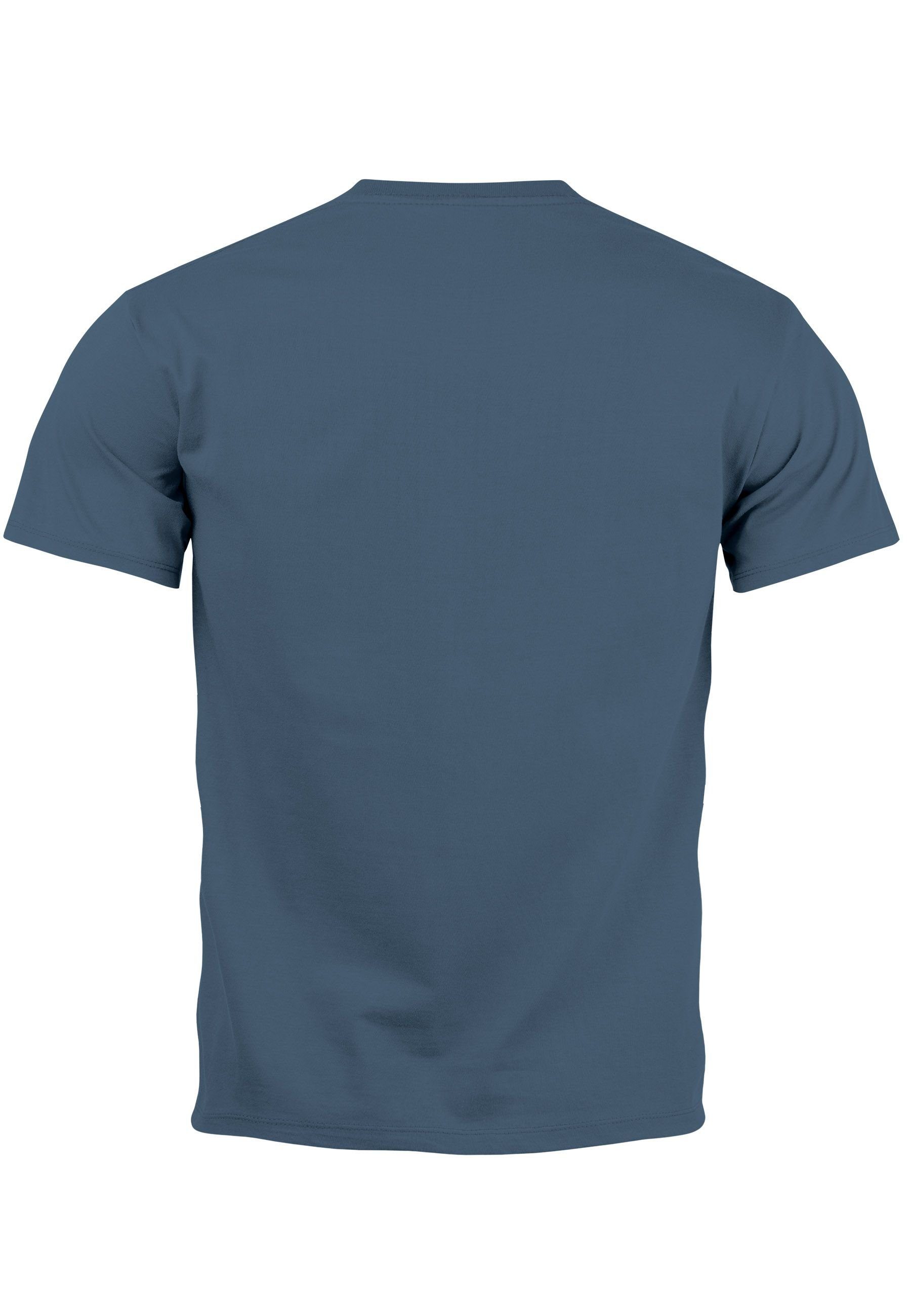Neverless mit Tiermotiv denim blue Print-Shirt Herren Polygon Wolf Fashion Print Bedruckt T-Shirt Outdoor Grafik