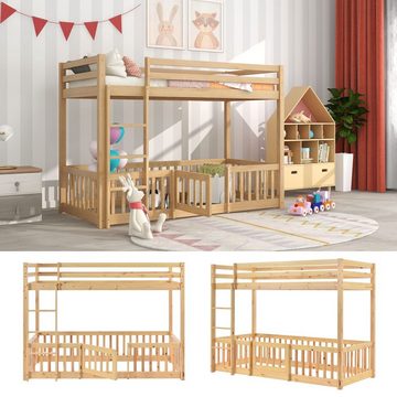 SIKAINI Etagenbett (90x200cm, Massivholz, natur), Etagenbetten mit rechtwinkliger Treppe,Kinderbett mit Rausfallschutz