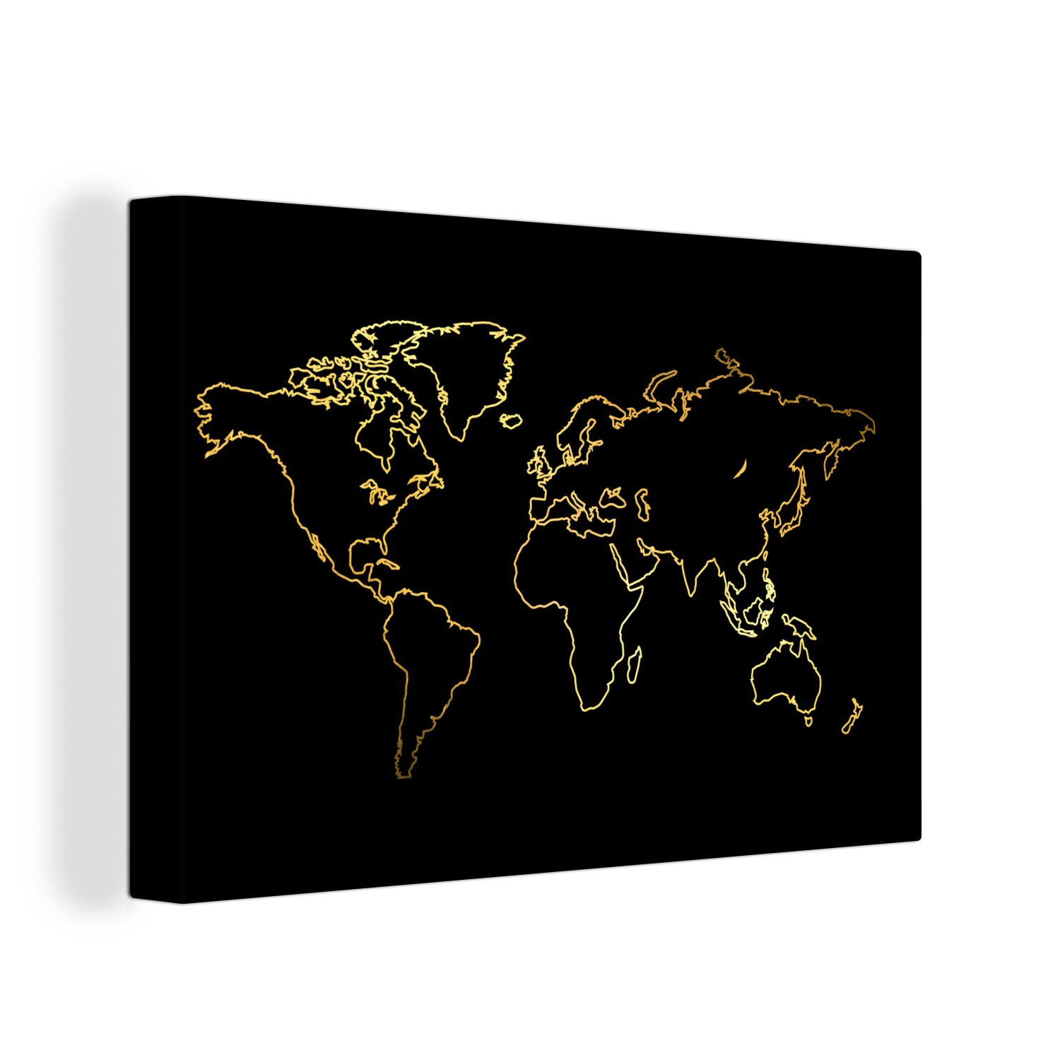 OneMillionCanvasses® Leinwandbild Goldene Weltkarte auf schwarzem Hintergrund, (1 St), Wandbild Leinwandbilder, Aufhängefertig, Wanddeko, 30x20 cm