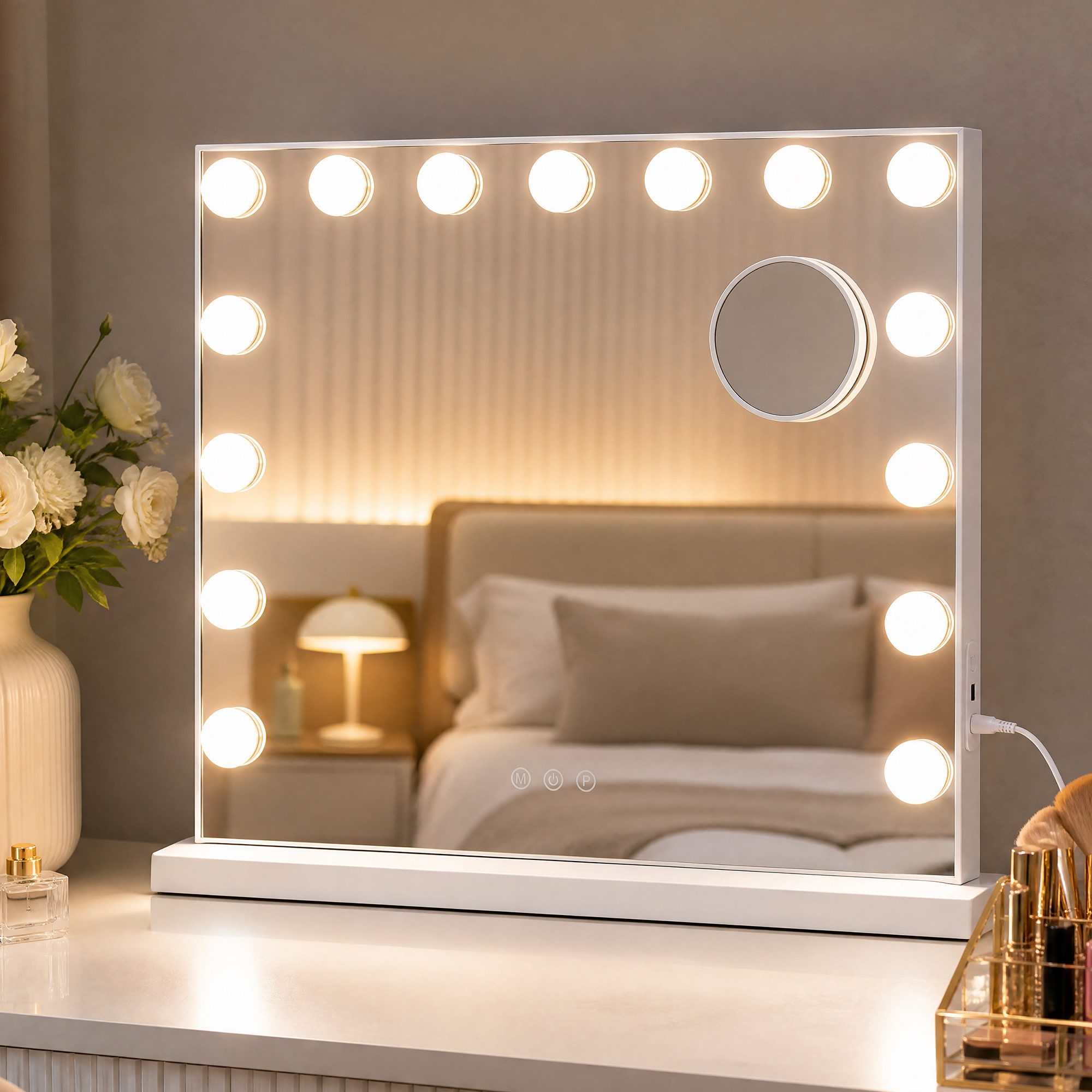 SONGMICS Schminkspiegel mit 3 Lichtfarben, 10-fach Vergrößerung, Touch-Steuerung, Handyhalter, 15 LEDs, mit USB-A und USB-C, 48 x 50 x 10 cm (L X B X H)