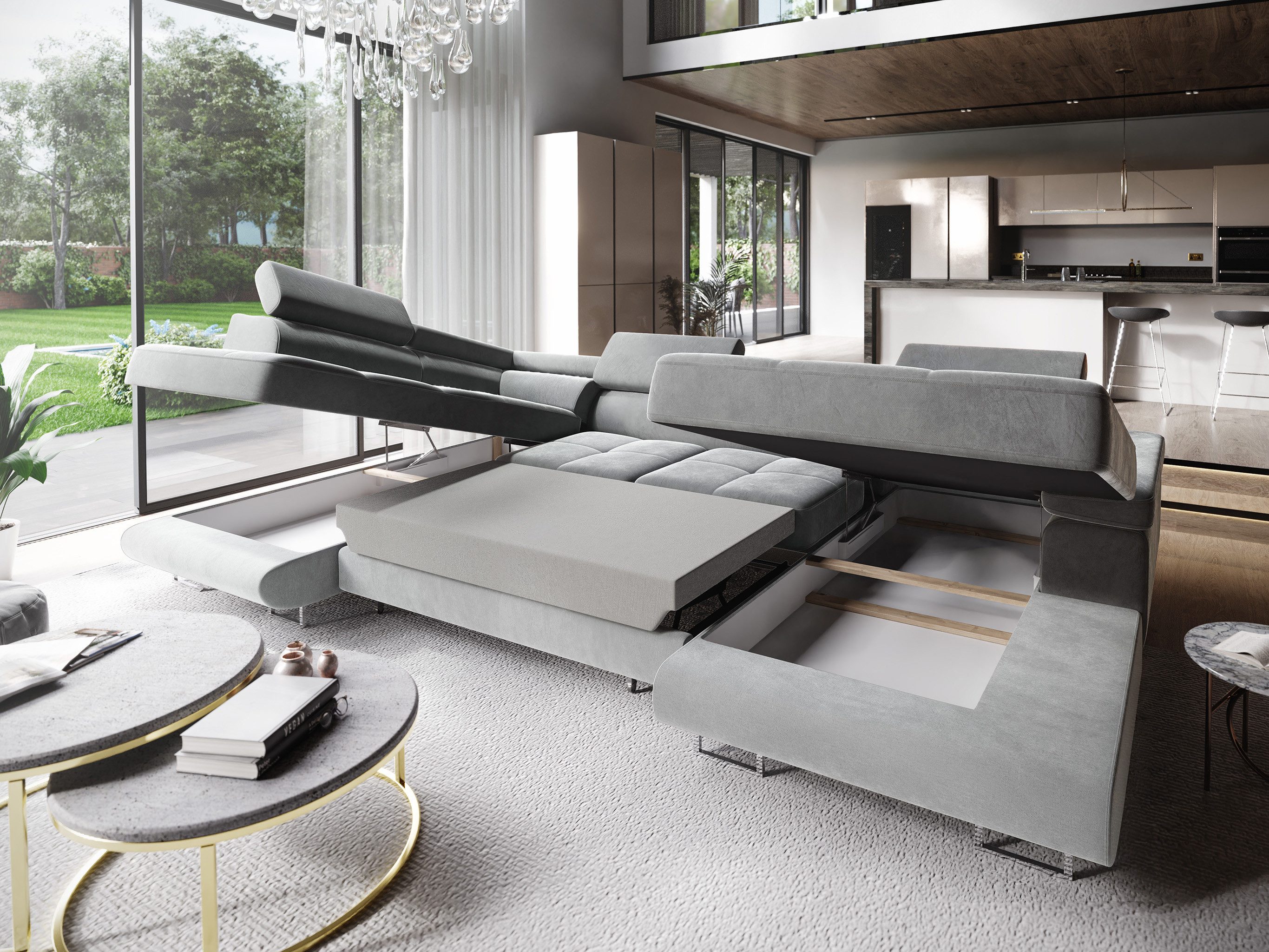 Masseno Ecksofa CASONE mit Schlaffunktion U-Form, Sofa mit Bettkasten