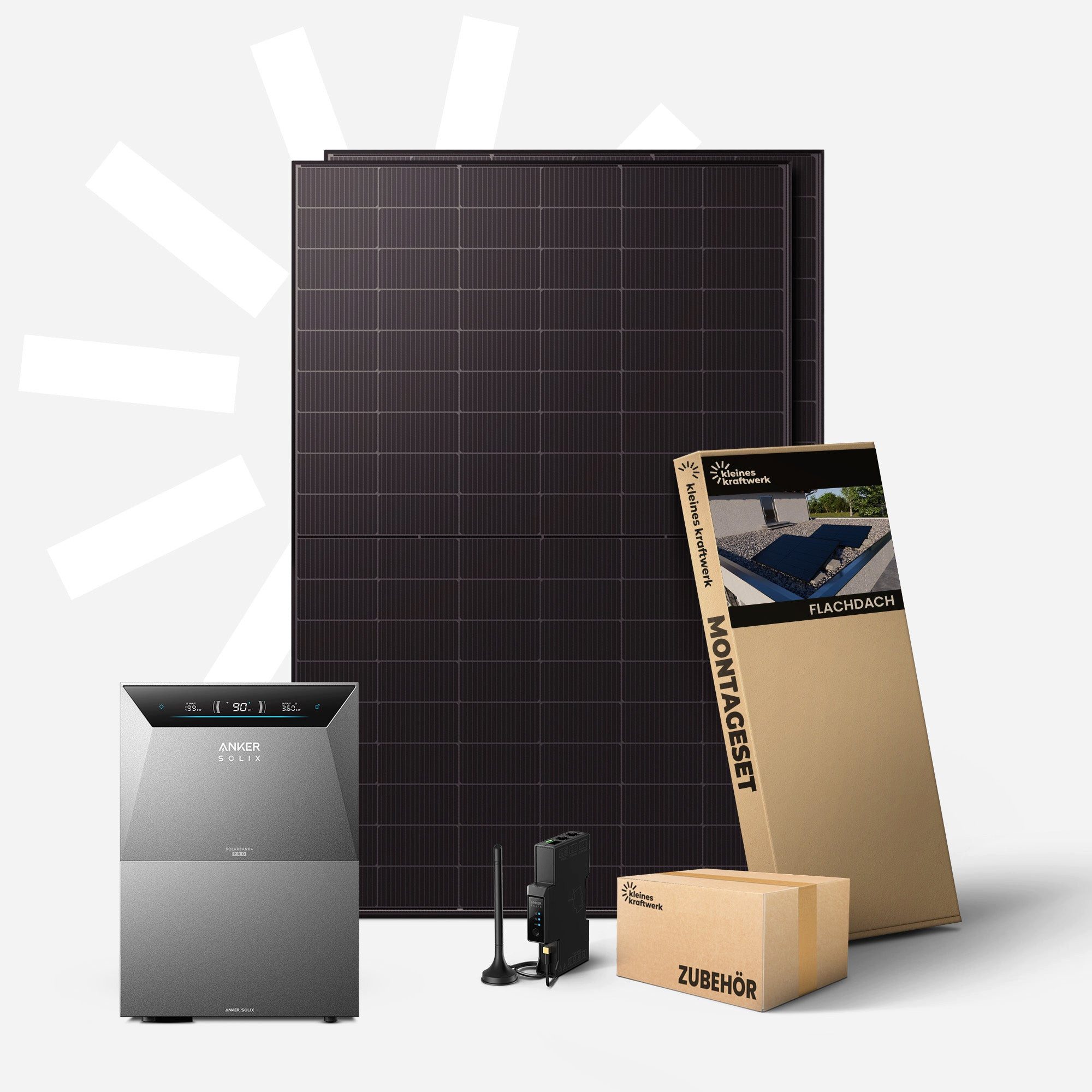 Kleines Kraftwerk Balkonkraftwerk Duo XL mit Speicher (Anker Solarbank 4 Pro), 1000 W, Monokristallin, (Flachdach/Garten, Solaranlage Komplettset mit Speicher), 2 x 500W, Anker Solarbank 4 Pro