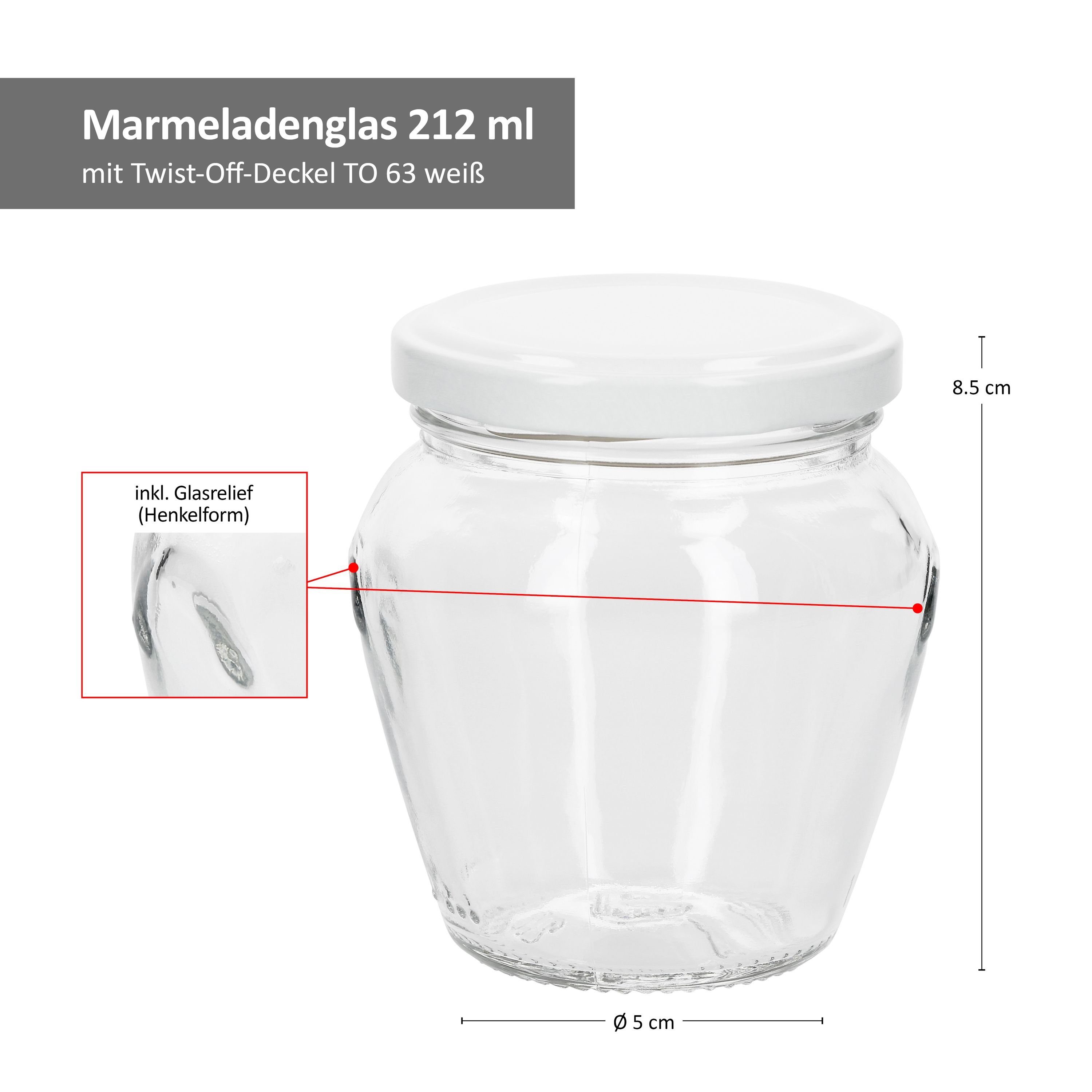MamboCat Einmachglas + weiß, Glas Vaso Orcio Set Marmeladenglas 75er Deckel To63 212ml