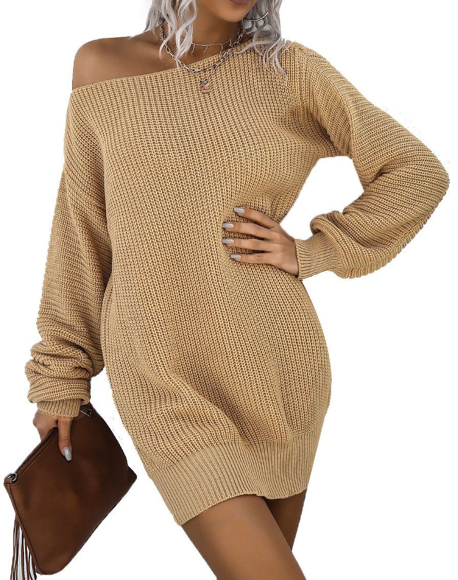 HOHEA H Strickkleid Pulloverkleid One Knit Dress) Shoulder (Minikleider Sweater Herbst Damen Winter Pullikleid Langarm Strickkleid