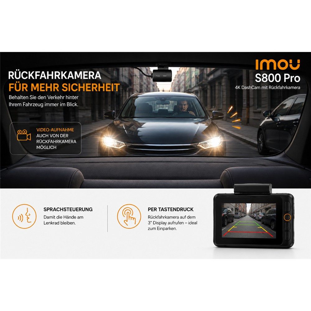 Imou S800 Pro 4K Doppelkamera Dashcam (4K Ultra-HD, WLAN, Sprachsteuerung, Dual Kamera, Nachtsicht, G-Sensor, Rückfahrkamera)