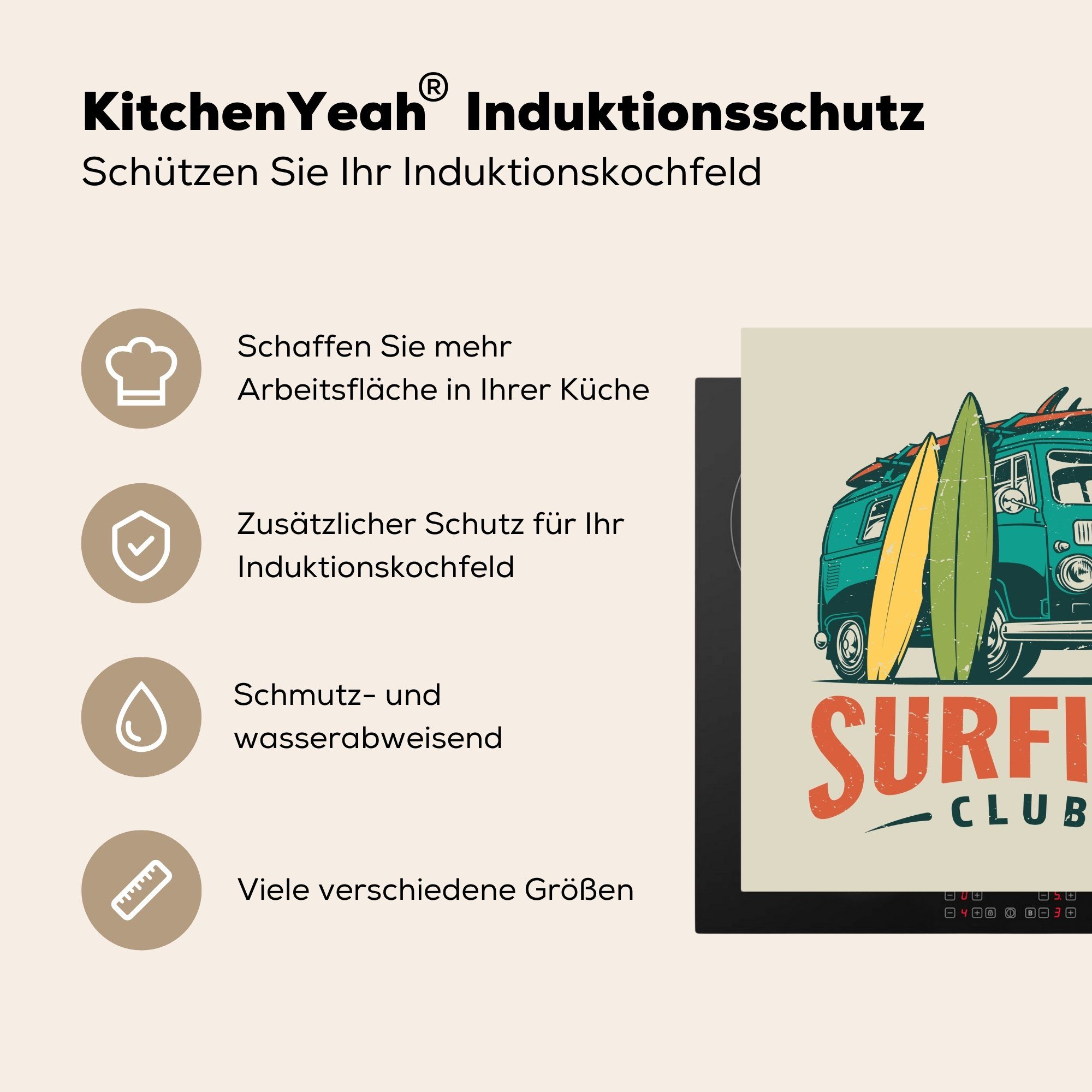 MuchoWow Herdblende-/Abdeckplatte Surfen - für küche (1 Arbeitsplatte cm, Ceranfeldabdeckung, Jahrgang Vinyl, Sommer, - 78x78 tlg)