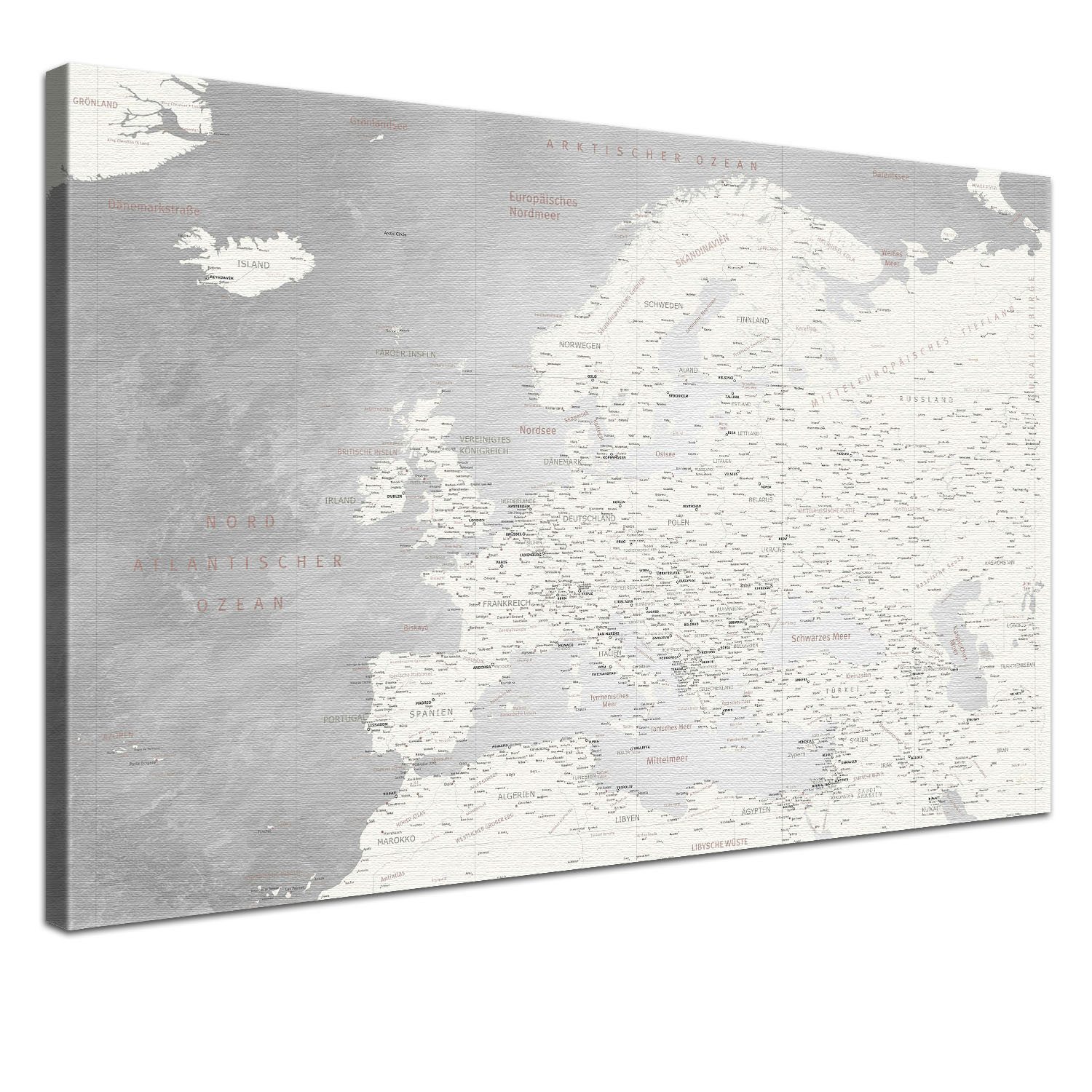 LANA KK Leinwandbild Europakarte Pinnwand zum markieren von Reisezielen, deutsche Beschriftung