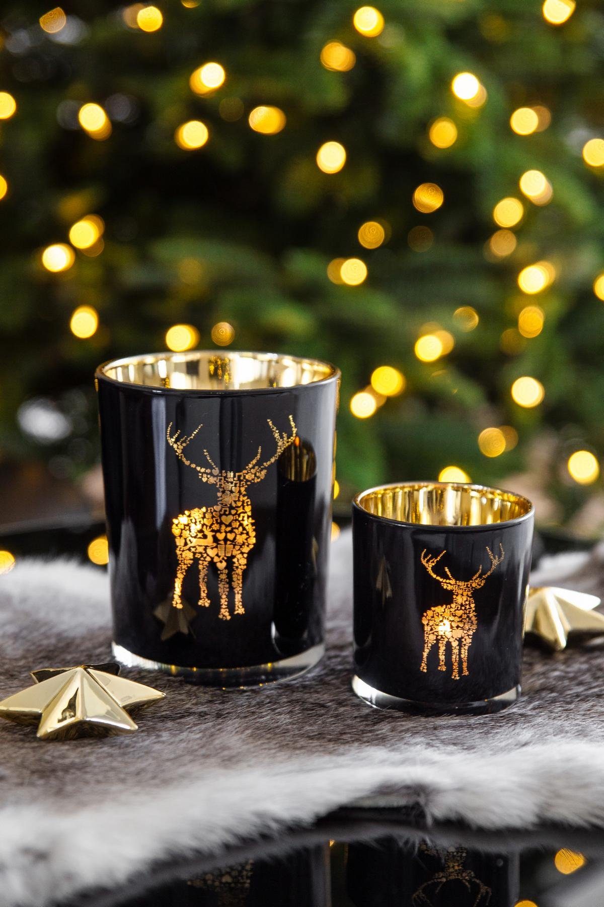EDZARD Windlicht Fancy (H 13 cm, Ø 10 cm) Glas, Hirsch-Motiv, schwarz / gold