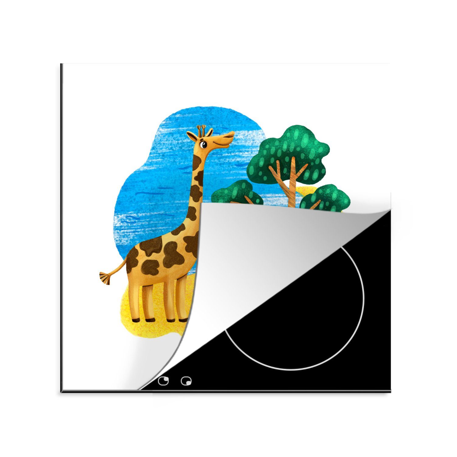 MuchoWow Herdblende-/Abdeckplatte Giraffe - Strand - Baum - Meer, Vinyl, (1 tlg), 78x78 cm, Ceranfeldabdeckung, Arbeitsplatte für küche