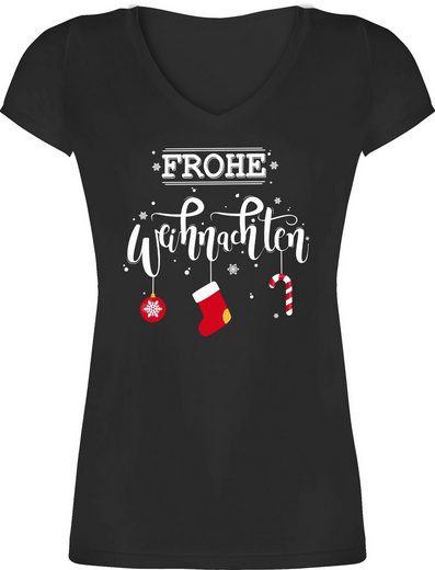 Shirtracer T-Shirt »Frohe Weihnachten Lettering - Weihnachten & Silvester Geschenke - Damen T-Shirt mit V-Ausschnitt« Neujahrsgeschenke Party Deko