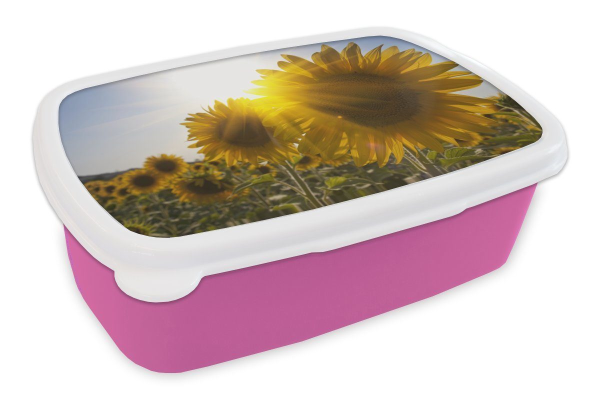 MuchoWow Lunchbox Nahaufnahme Erwachsene, (2-tlg), auf dem für Kunststoff, Sonnenblumen Mädchen, rosa Brotbox Feld, Kunststoff Brotdose Snackbox, von Kinder