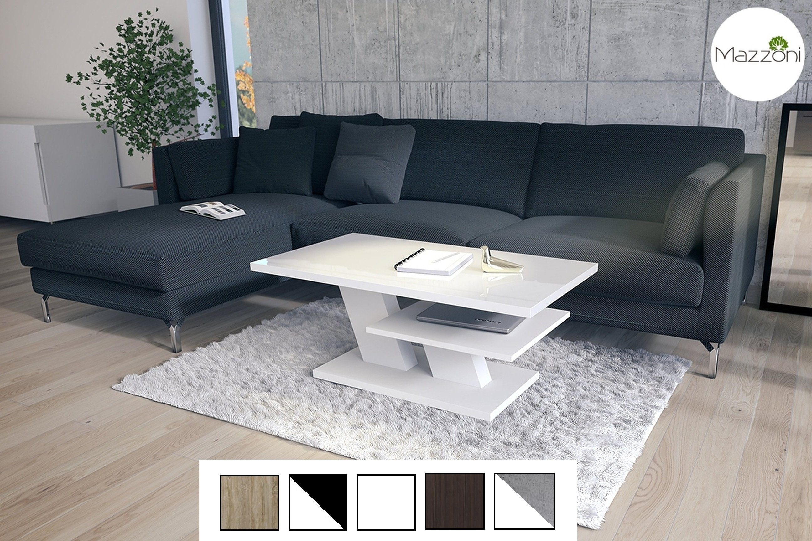 Mazzoni Couchtisch Cliff Hochglanz 110x60x45cm Wohnzimmertisch Weiß Tisch