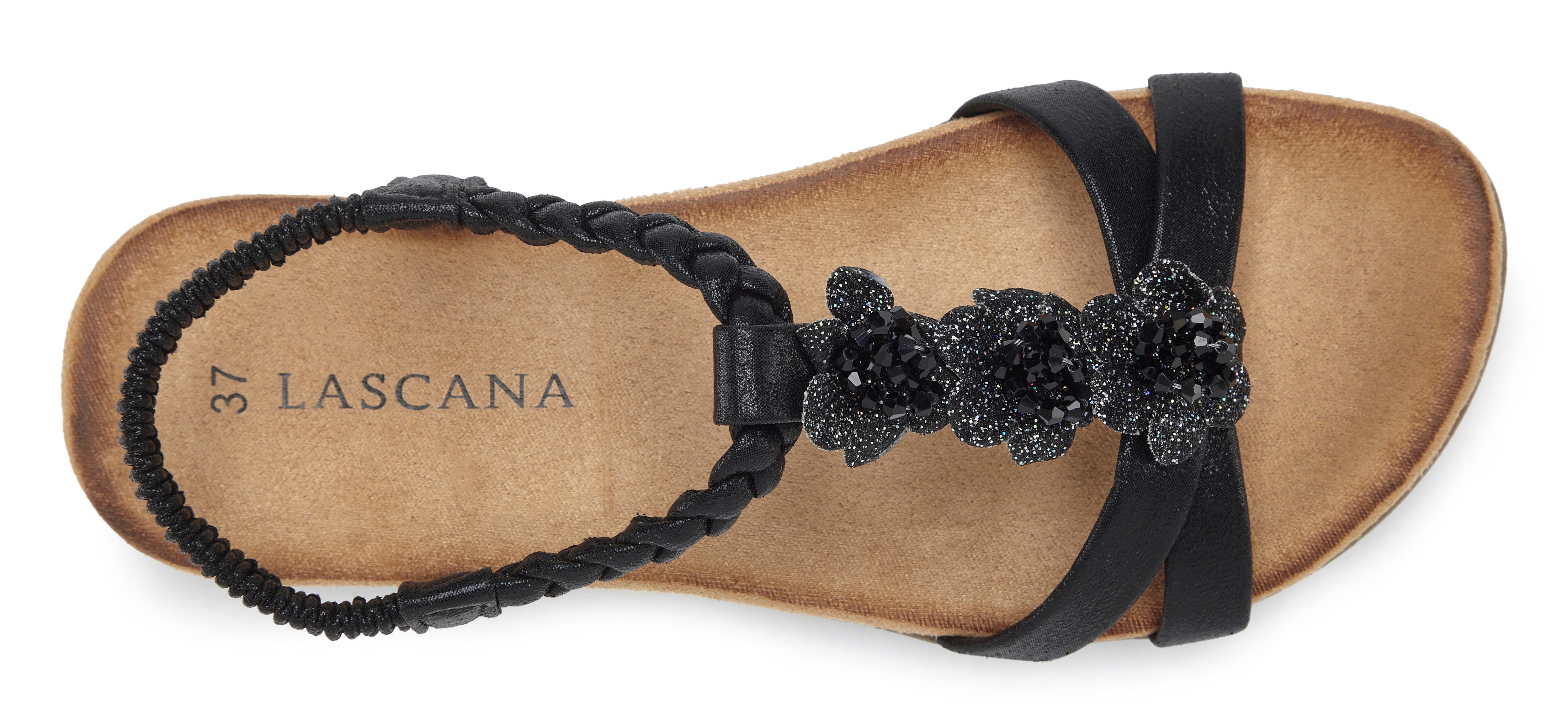 LASCANA Sommerschuh, Sandalette, offener Schuh, Sandale mit eleganten Schmucksteinchen und elastischem Riemchen