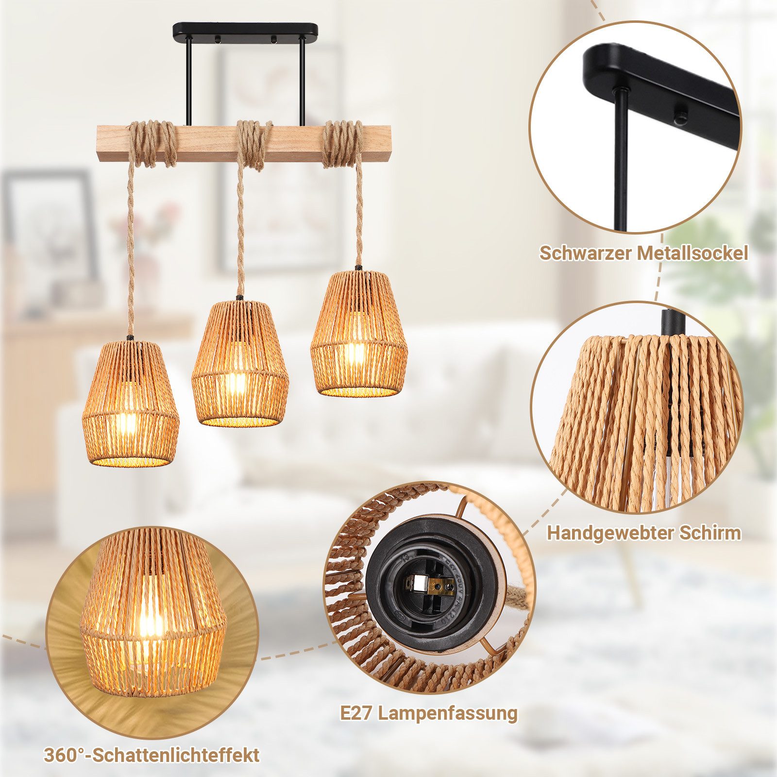 MUPOO Hängeleuchten 3 Köpfe Kronleuchter mit Rattanschirm, Boho Deckenlampe günstig online kaufen