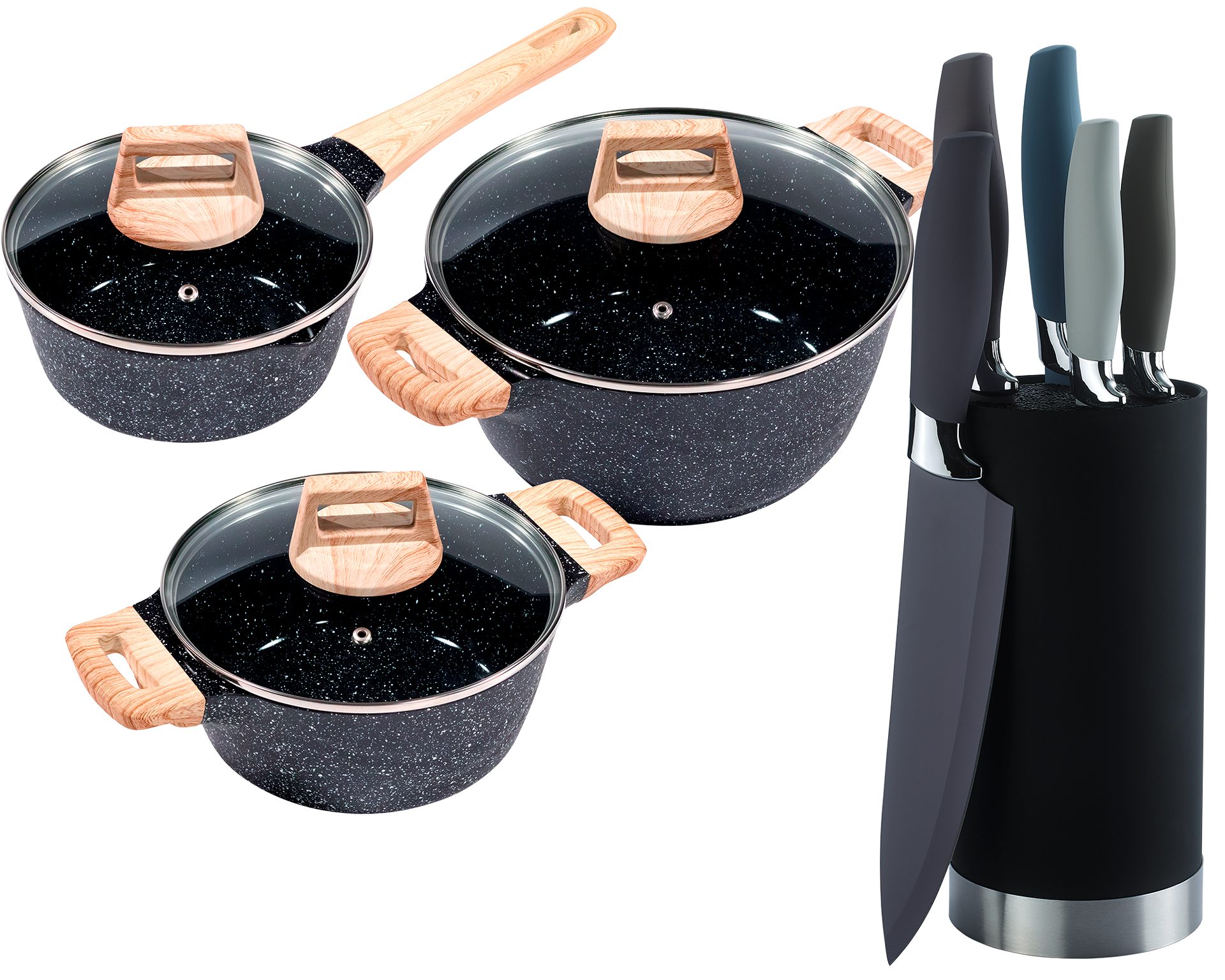 KING Topf-Set »ESSENTIAL« Aluminiumguss, Induktion, Antihaftbeschichtung, Aluminiumguss (Set, 12-tlg., 2 Töpfe, 1 Stieltopf, 3 Glasdeckel), inkl. 5 Küchenmesser, 1 Messerblock