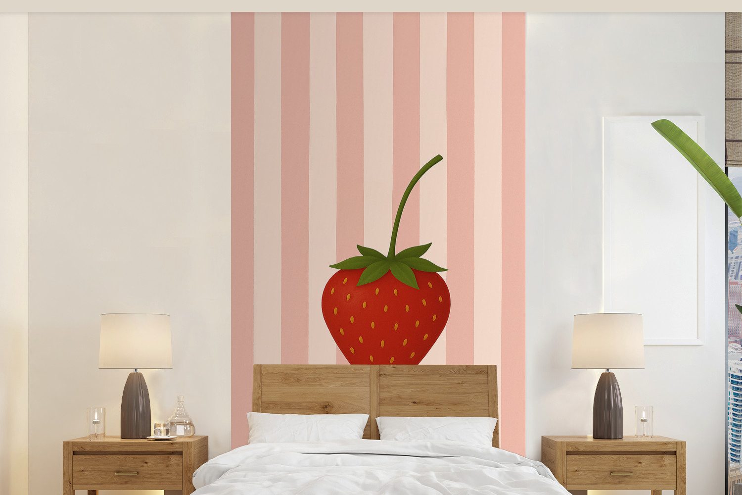 MuchoWow Fototapete Erdbeere - Streifen - Minimalistisch - Rot, Matt, bedruckt, Vliestapete für Wohnzimmer Schlafzimmer Küche, Fototapete, 120x240 cm