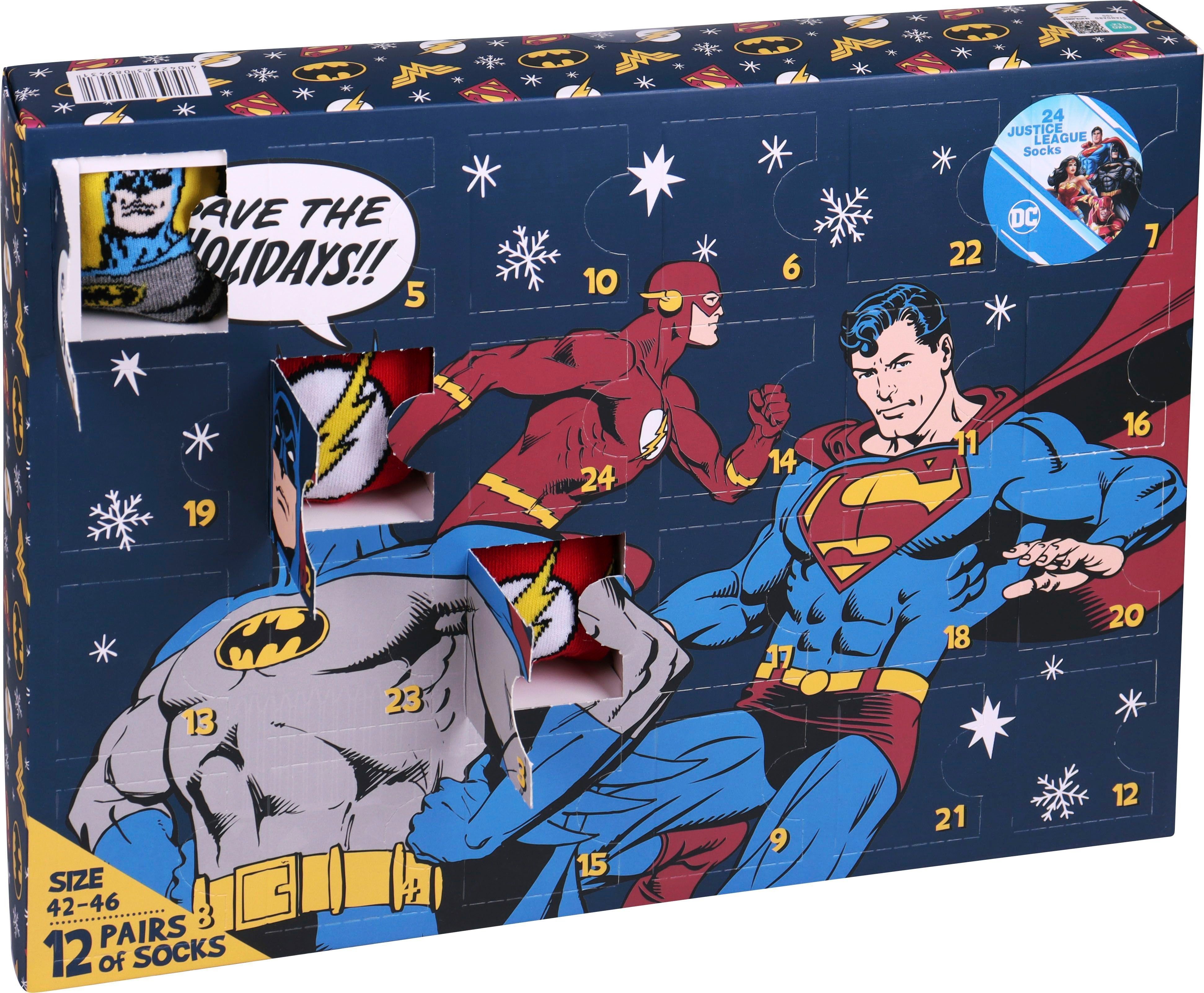 Capelli New York Adventskalender, Kalender mit 24 Türen 12 Paar Socken von Superman, Matman, Marvel