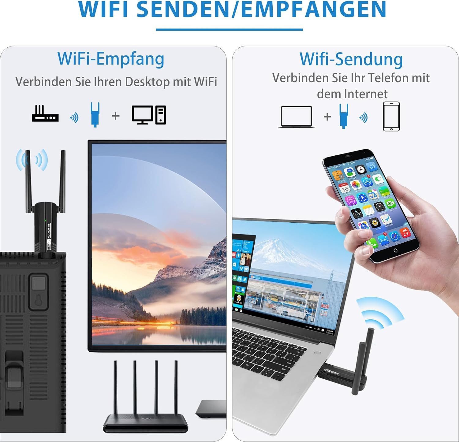 kowdom WLAN-Stick WLAN USB Stick 1300Mbps Dual Band 5dBi Antenne für PC Laptop, 1300Mbit/s, Dual Band, USB 3.0, 5dBi Antenne – Bild 4 von 5