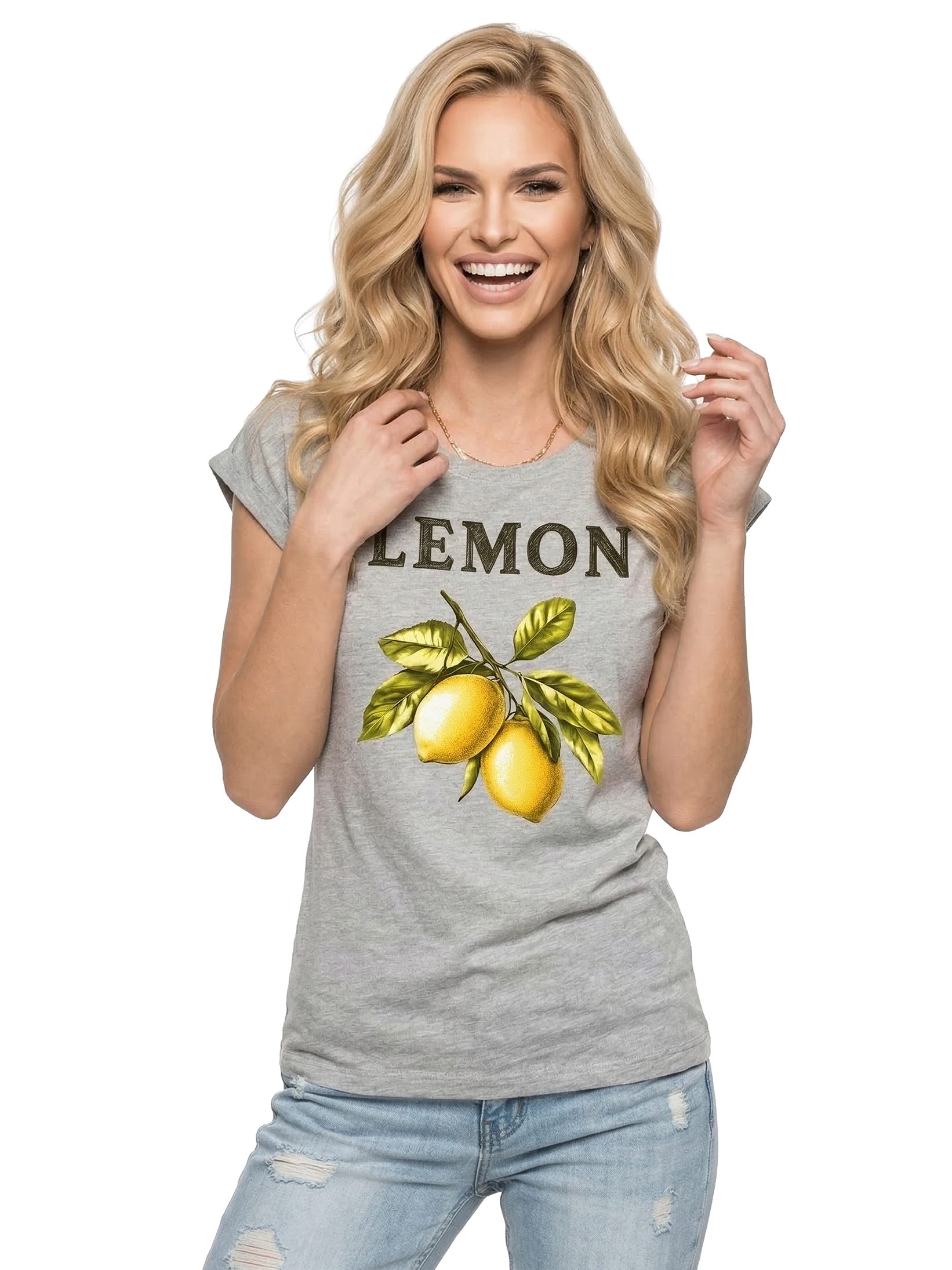 MAKAYA Kurzarmshirt mit Zitronen Print für Damen Modern Lässig Elegant (Weiß, Rosa, Grau, Grün, 34, 36, 38, 40, 42, 44, 46, 48, 50) aus Baumwolle