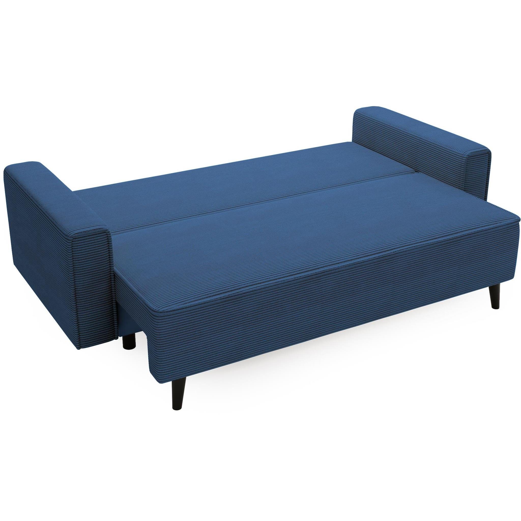 Cord-Bezug, 05) Beautysofa aus Holzbeine (poso Blau und Polstergarnitur Sessel Bettkasten, Wellenunterfederung, Monte, mit (Polsterset Schlafsofa mit schwarze Hocker),