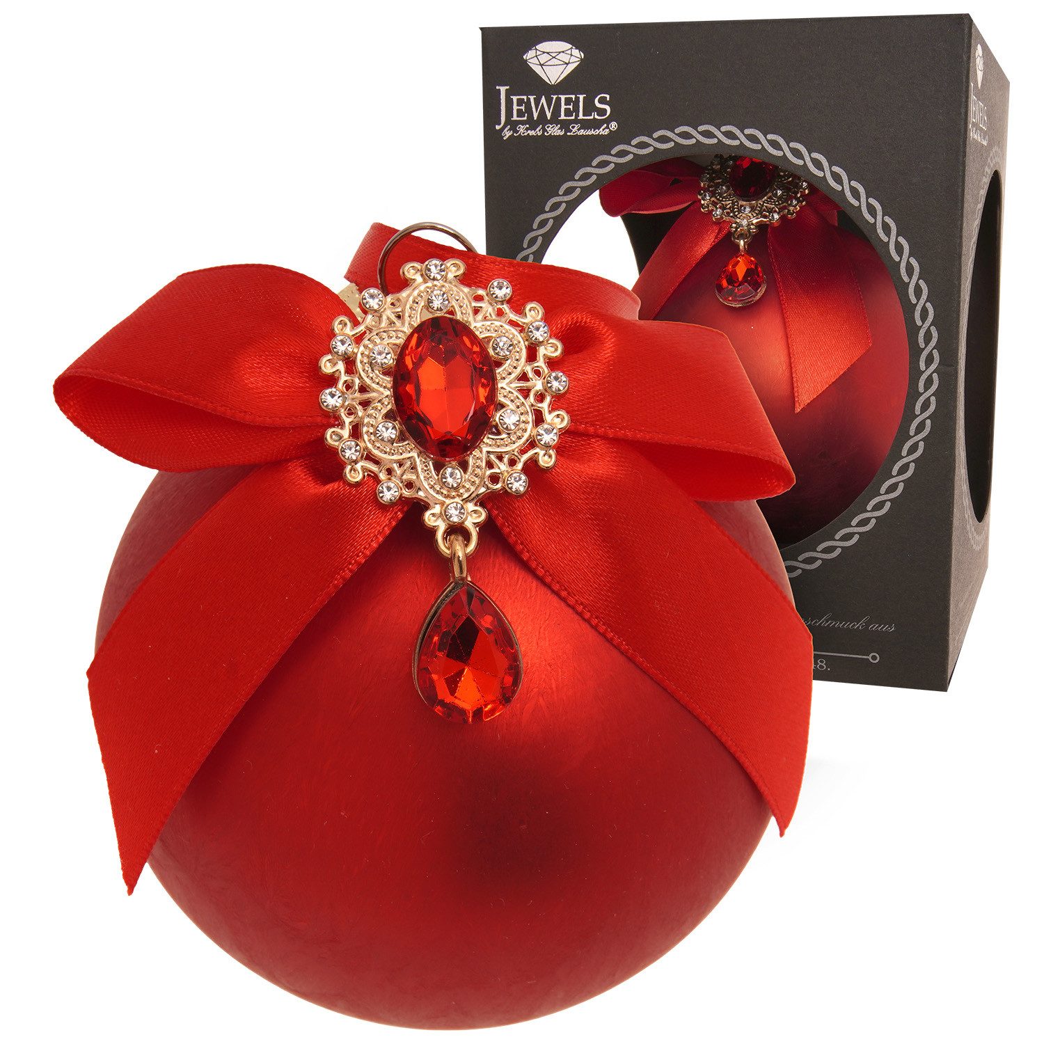 Krebs Glas Lauscha Weihnachtsbaumkugel Weihnachtskugel Strassstein, Schleife, Eisdesign rot 8cm, Dekoriert mit Liebe zum Detail