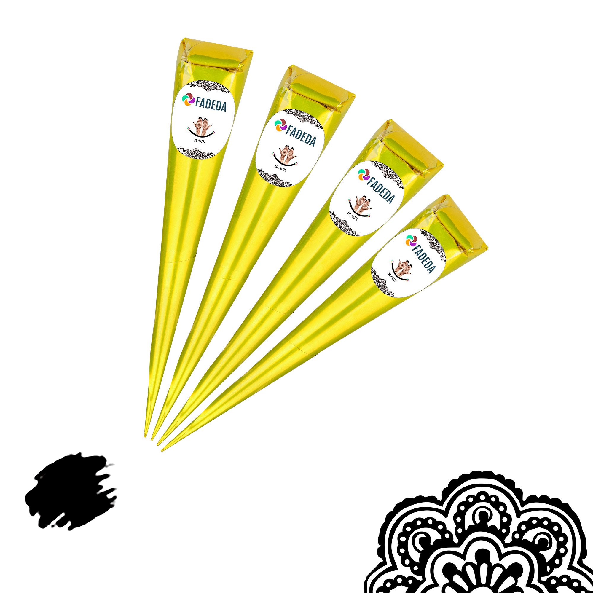 FADEDA Schmuck-Tattoo 4x Henna Kegel je 25g natürliche Paste, 100 % pflanzlich, ohne PPD, 4 Henna Kegel je 25 Gramm, 100 % NATÜRLICHE HENNA-PASTE – Rein pflanzlich
