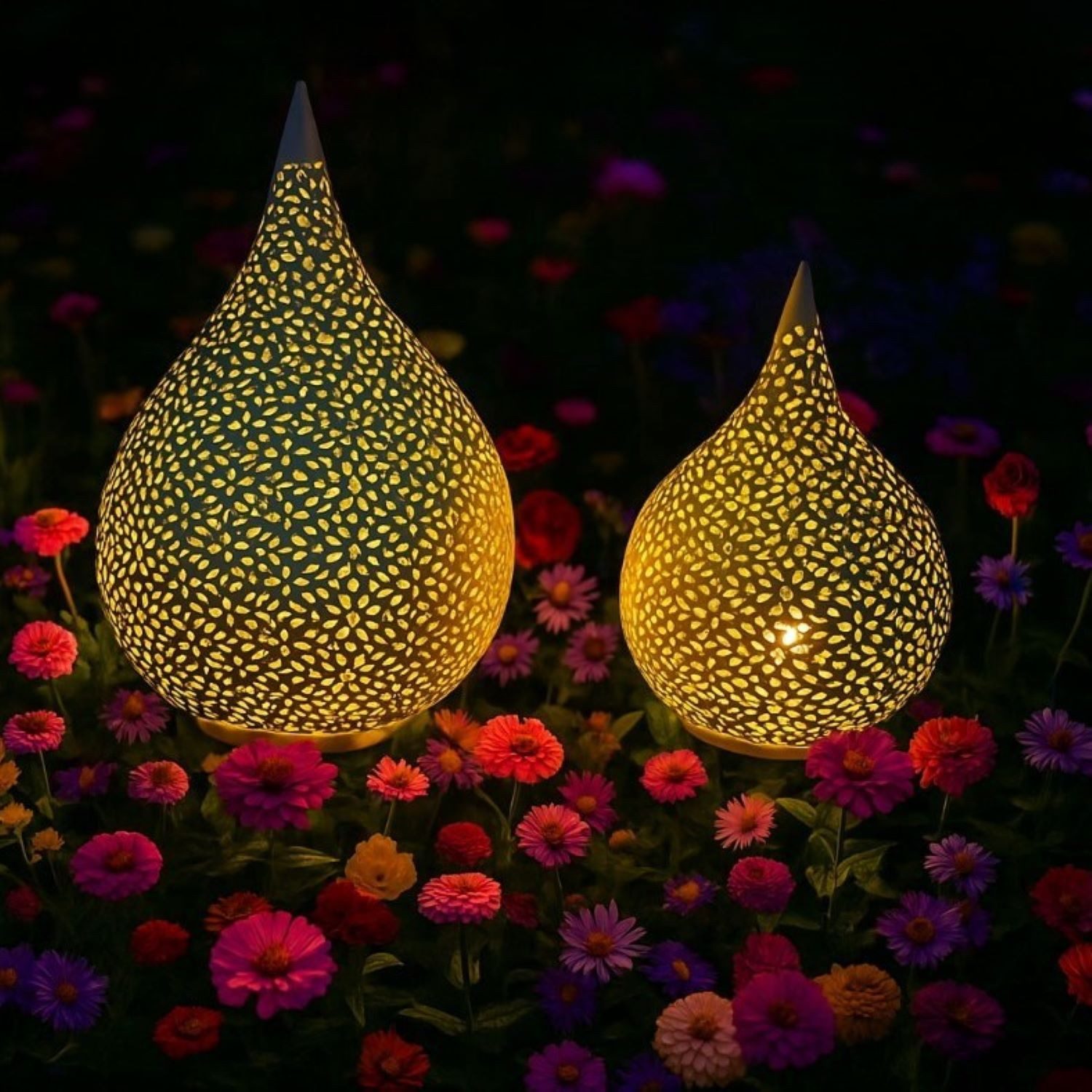 Online-Fuchs LED Laterne - Deko Metalltropfen mit LED´s und Timerfunktion, für aussen geeignet, warmweiße LED-Lichterkette, 6-Stunden Timer - Gartendekoration - Outdoor