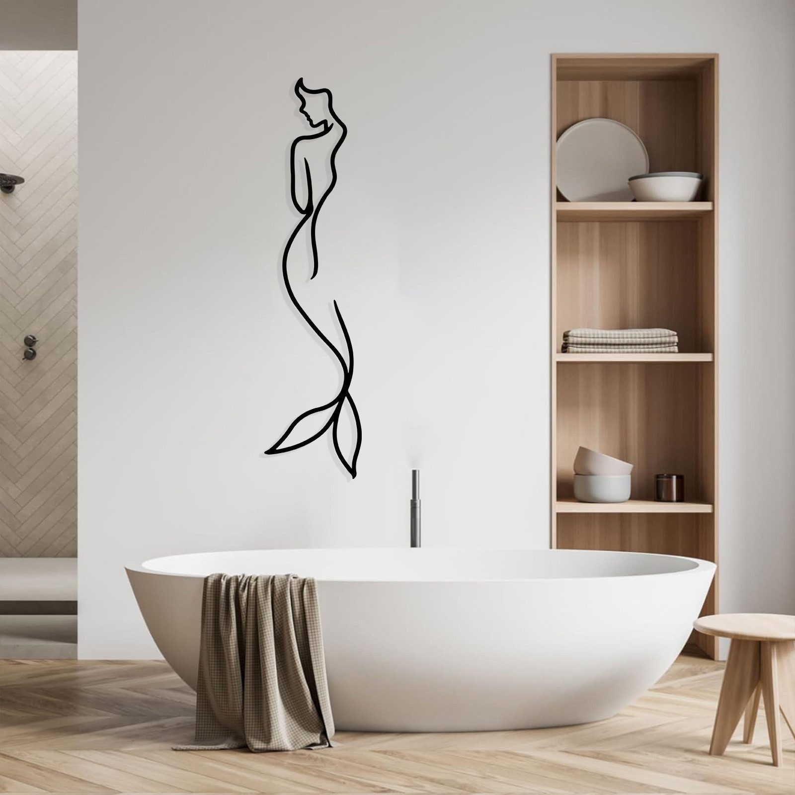 Jumpeak Wanddekoobjekt Fischfrau-Wanddekoration,Metall,Linien-Silhouette,Geschenke für Frauen (wand deko schwarz, weiß, gold, silber,5 Größen, Kunst und Design), wanddekoration badezimmer,zimmer deko aesthetic,wanddeko metall
