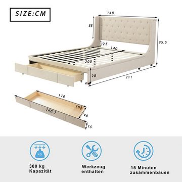 Gotagee Polsterbett Polsterbett 140x200cm Doppelbett Schubladen Jugendbett Bettgestell